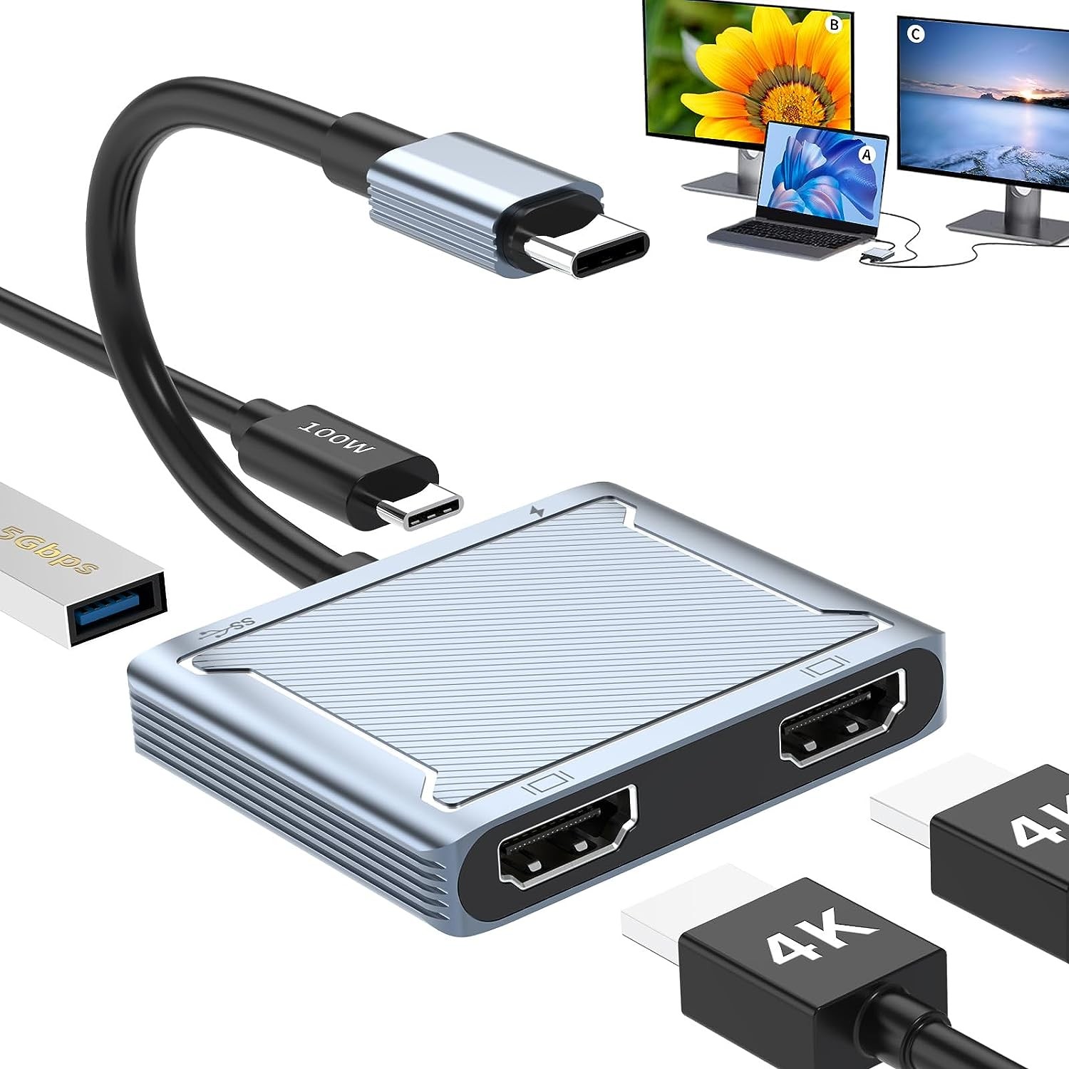 Azhizco USB C Hub Dual HDMI, Triple Display Type C Adapter Striped Aluminium USB Type C to 2 HDMI Adapter, 4-In-1 Triple Display USB C Hub 4K, 100W PD USB 3.0, for Macbook Pro/Air, and More