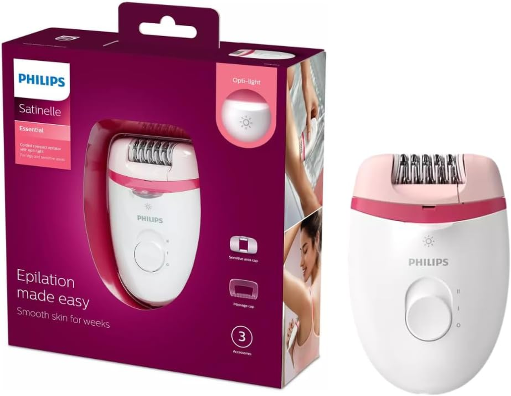 Philips Satinelle Essential Corded Compact Epilator for Legs – Includes Built-In Opti-Light, 2 Speed Settings and Travel Pouch, White/Pink, BRE255/00