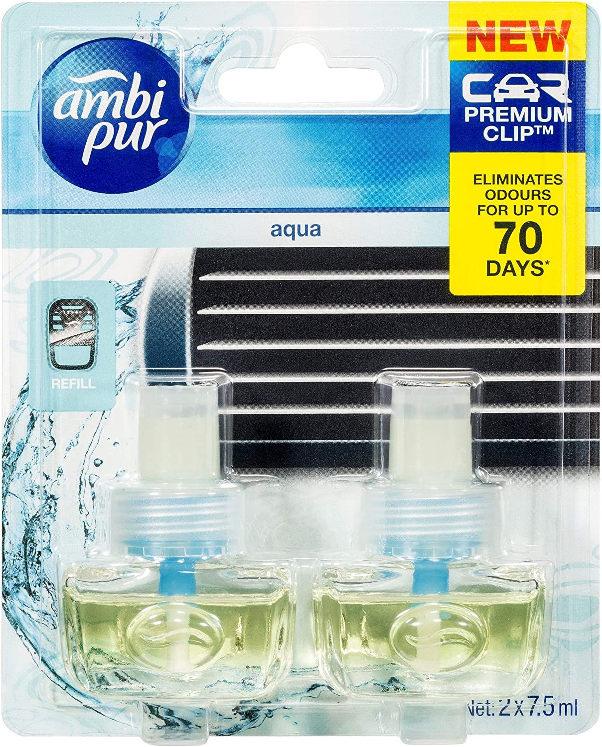 Ambi Pur Premium Clip Aqua Car Air Freshener Refill, 2 Pack