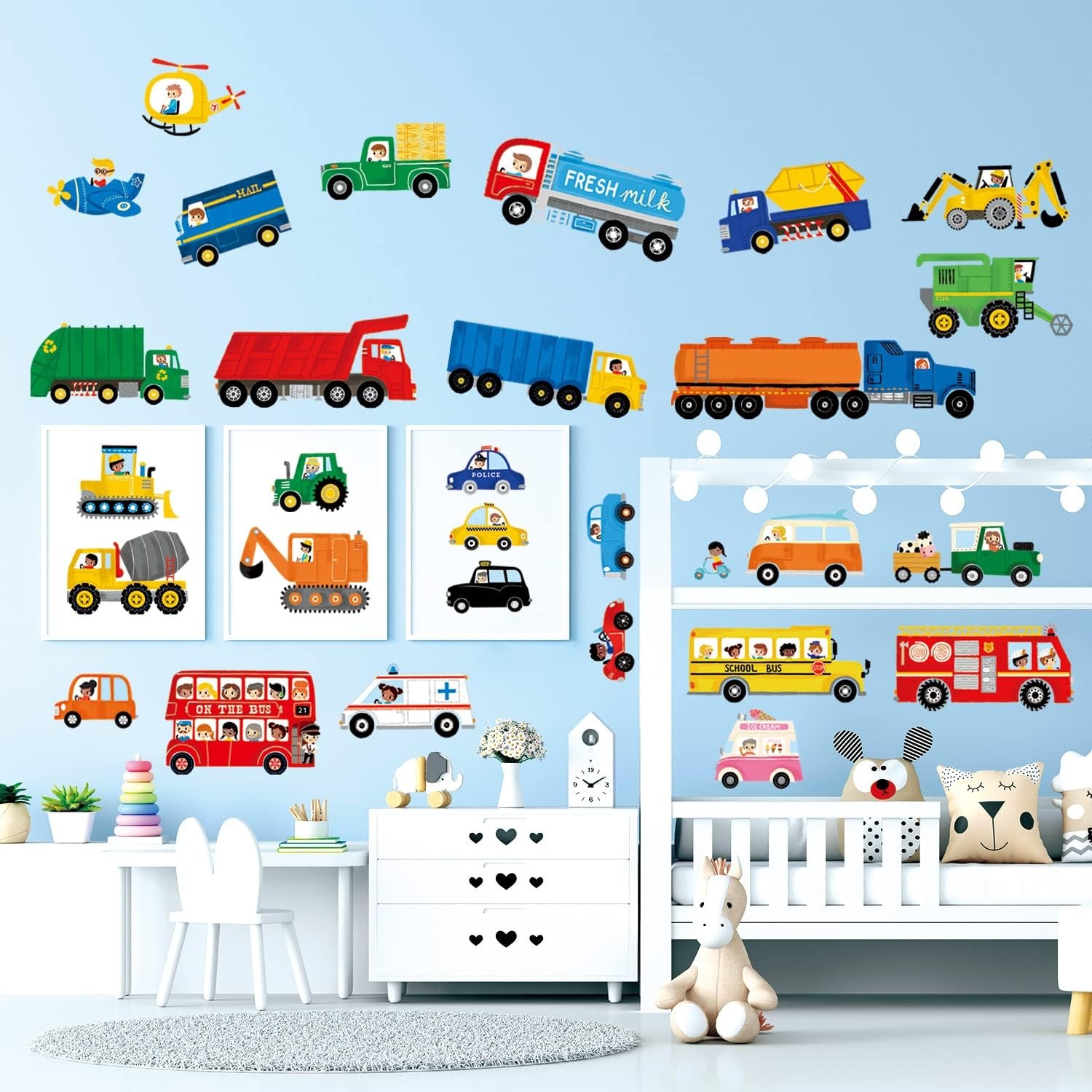 DECOWALL DSL-8064 Transport and Vehicles Wall Stickers Decals for Kids Toddler Bedroom Decor Car Boys Truck Construction Room Peel and Stick Excavator Fire Truck Nursery Living Baby Gift