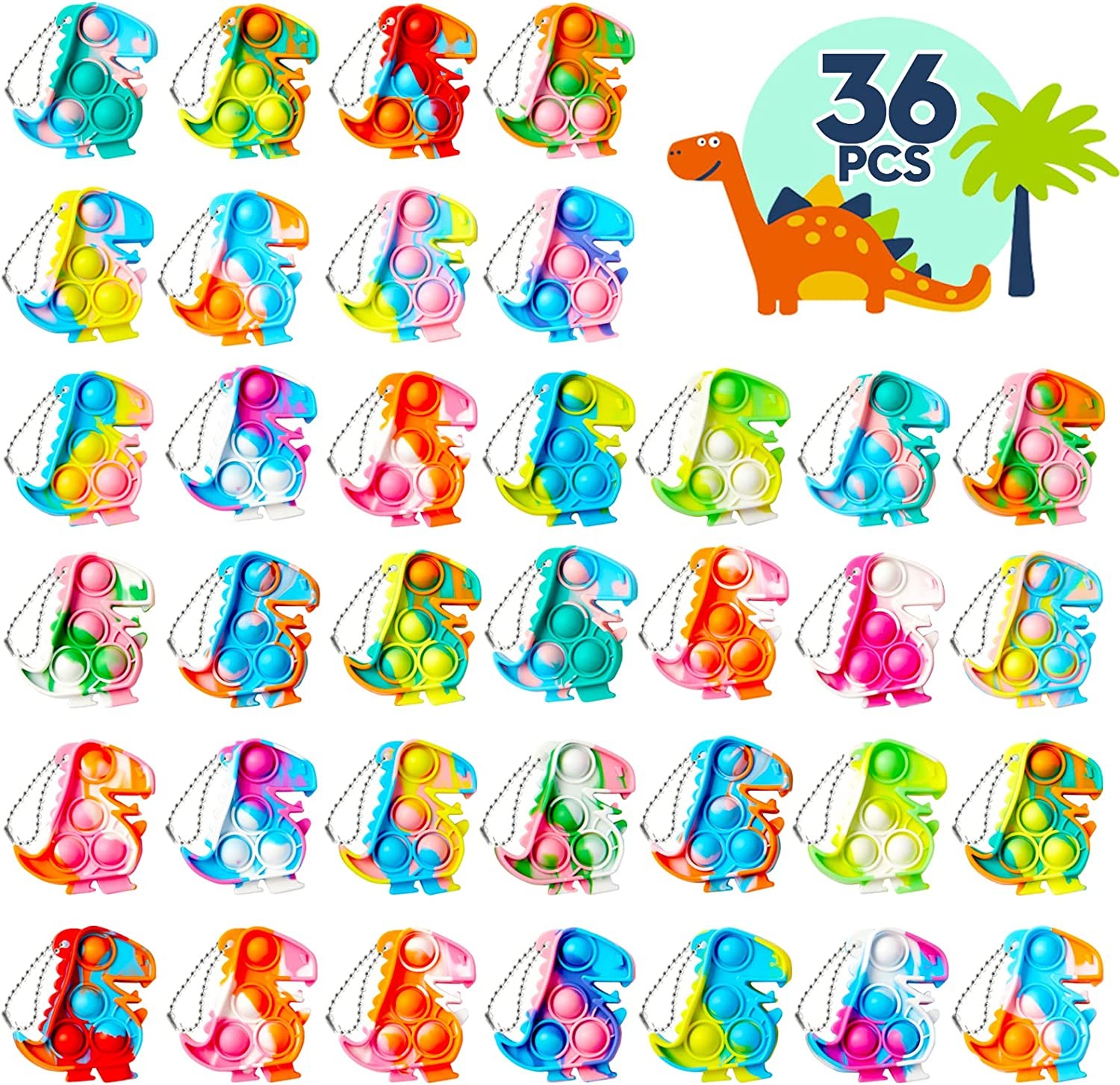 TOANWOD Dinosaur Party Favors Pop Keychain: Fidget Toys Bulk Mini Sensory Toys – Stress Relief Birthday Party Supplies for Kids 8-12 – Goodie Bag Stuffers Pack Gift for Girls Boys (36 Pcs)