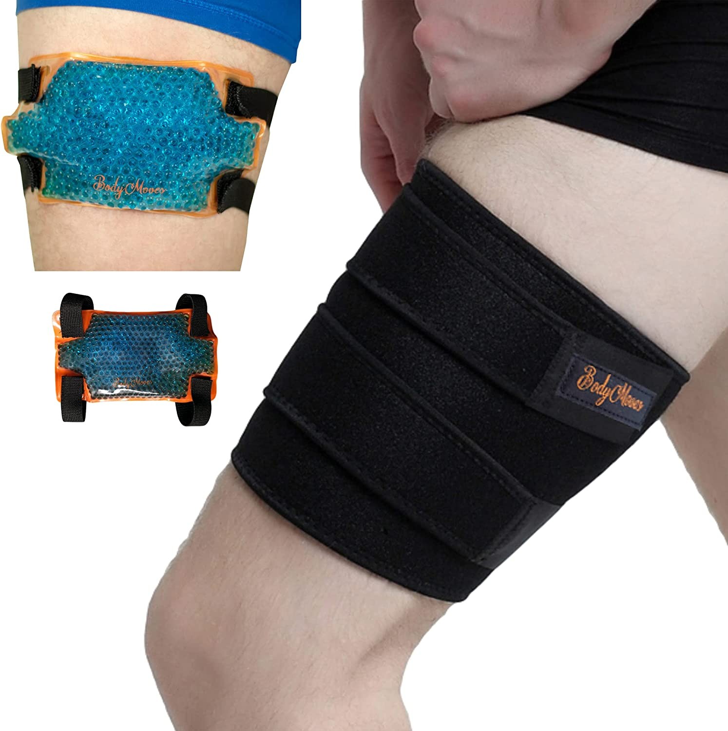 Bodymoves Thigh Support Brace Hamstring Wrap plus Hot and Cold Pack Adjustable Compression Sleeve with Anti-Slip Silicone Strips Prevent Leg Sprains, Strains, Tendonitis Injury, Promote Recovery