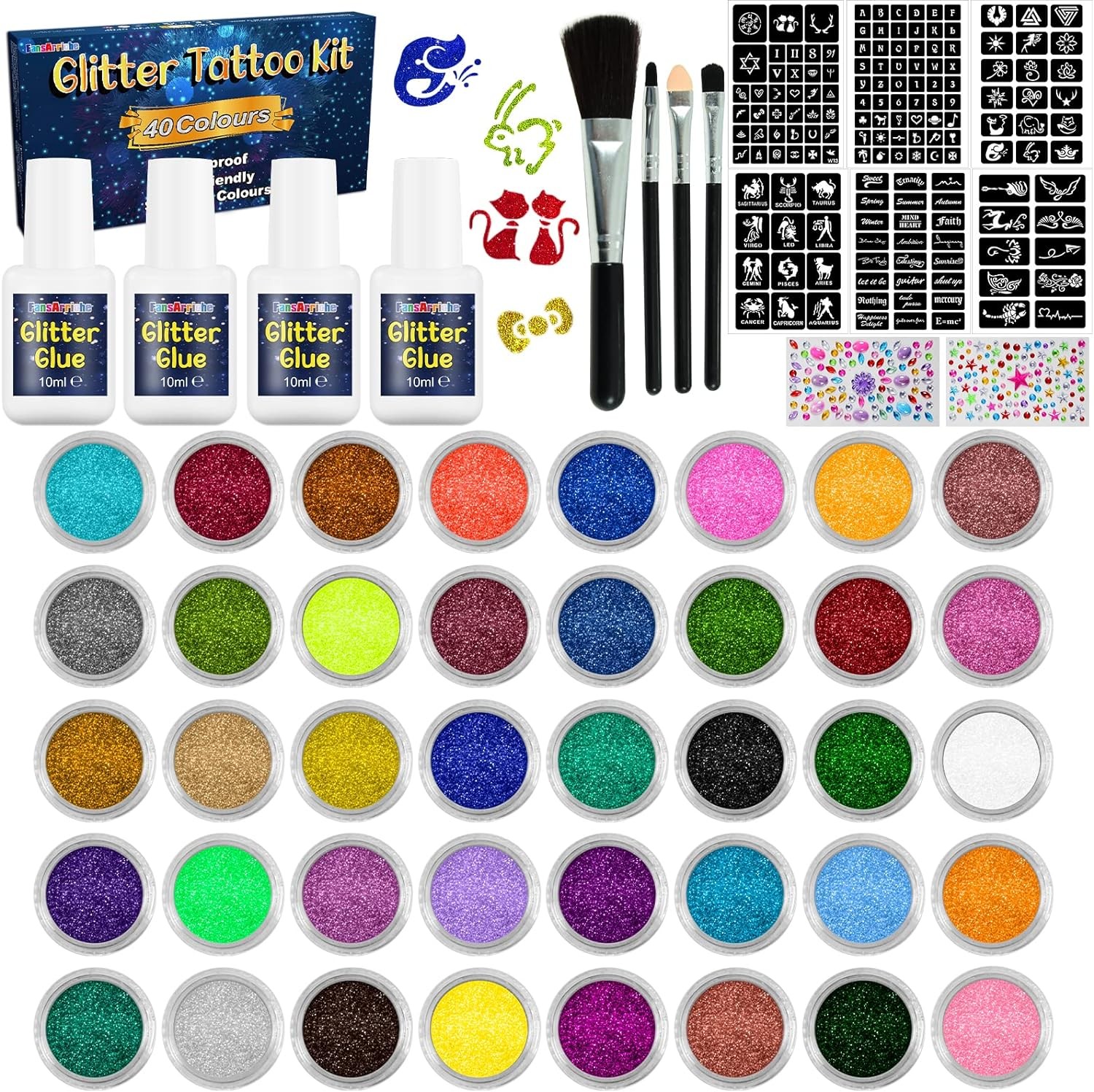 Fansarriche Temporary Glitter Tattoo Kit for Kids, 40 Colors Glitter, with 154 Stencils, 4 Glue, 4 Brushes, Body Glitter Make up Kit, for Cosplay, Birthday Party, Festival Christmas