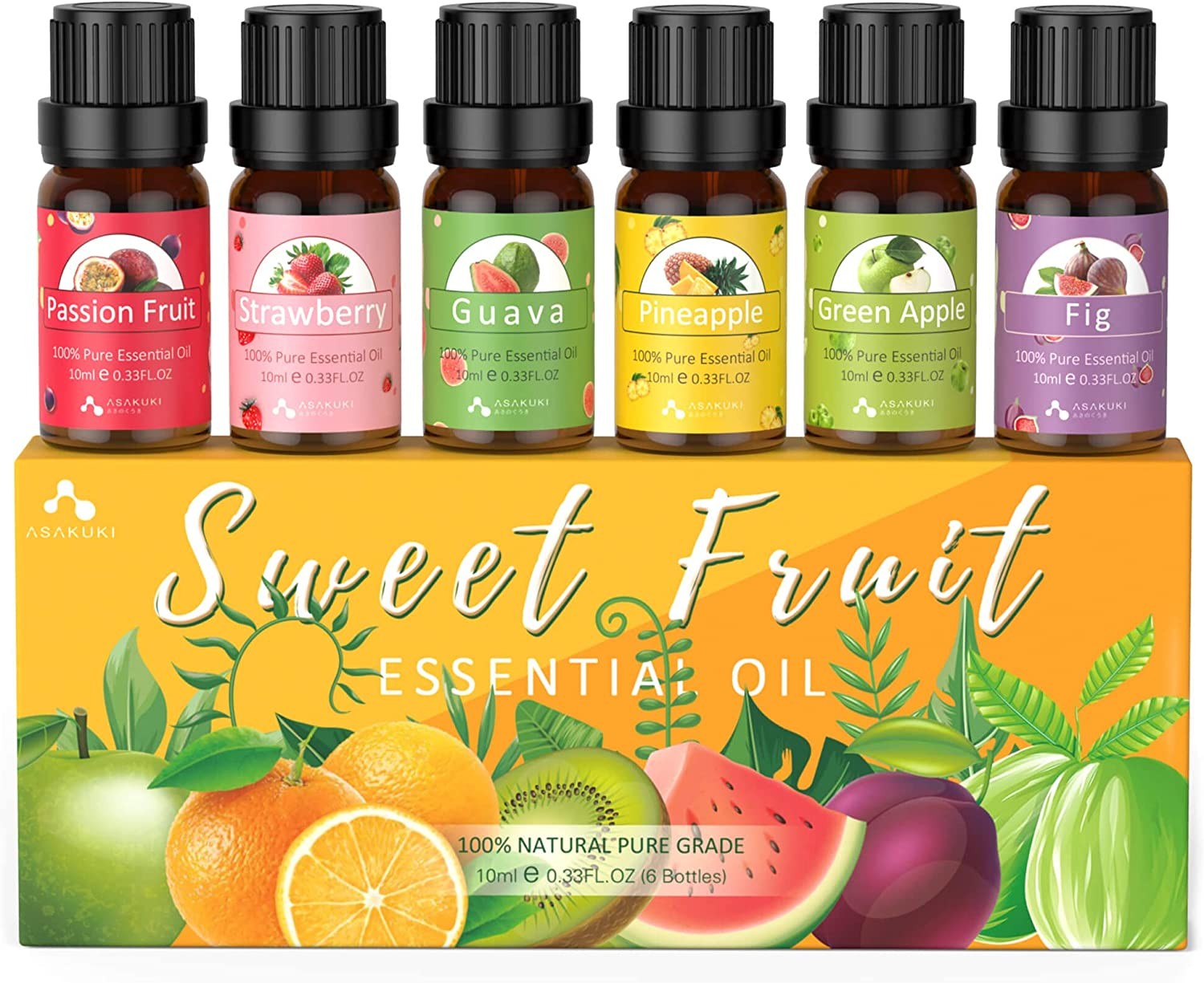 ASAKUKI Fruit Essential Oils Set of 6 X 10Ml Aromatherapy Oils for Diffusers – Passion Fruit, Strawberry, Guava, Pineapple, Green Apple, Fig Fruity Scented Fragrance Oils for Diffusion, Candle Making