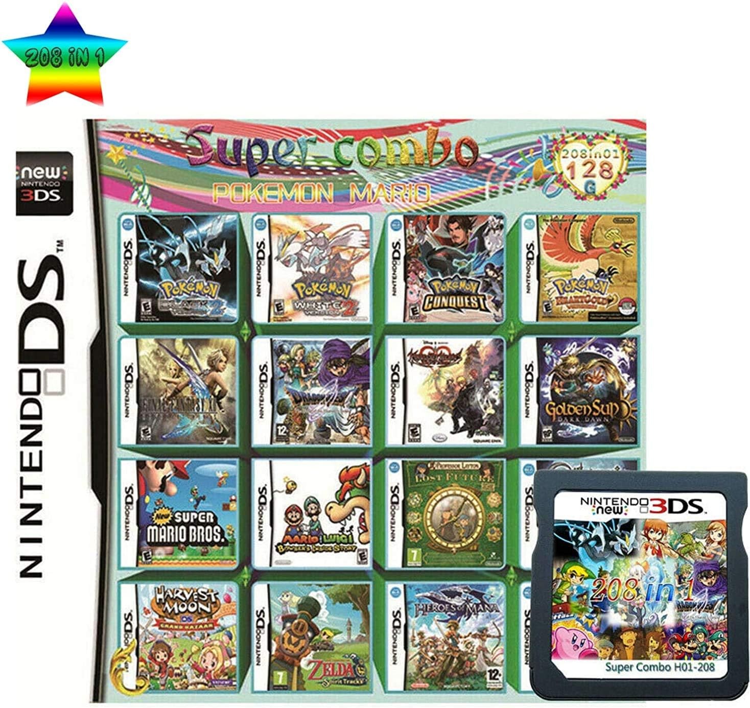 208 in 1 Game Cartridge Multicart, Wishrun Game Pack Card Super Combo for Nintendo Ds/Nds/Ndsl/Ndsi/3Ds/2Ds XL/LL