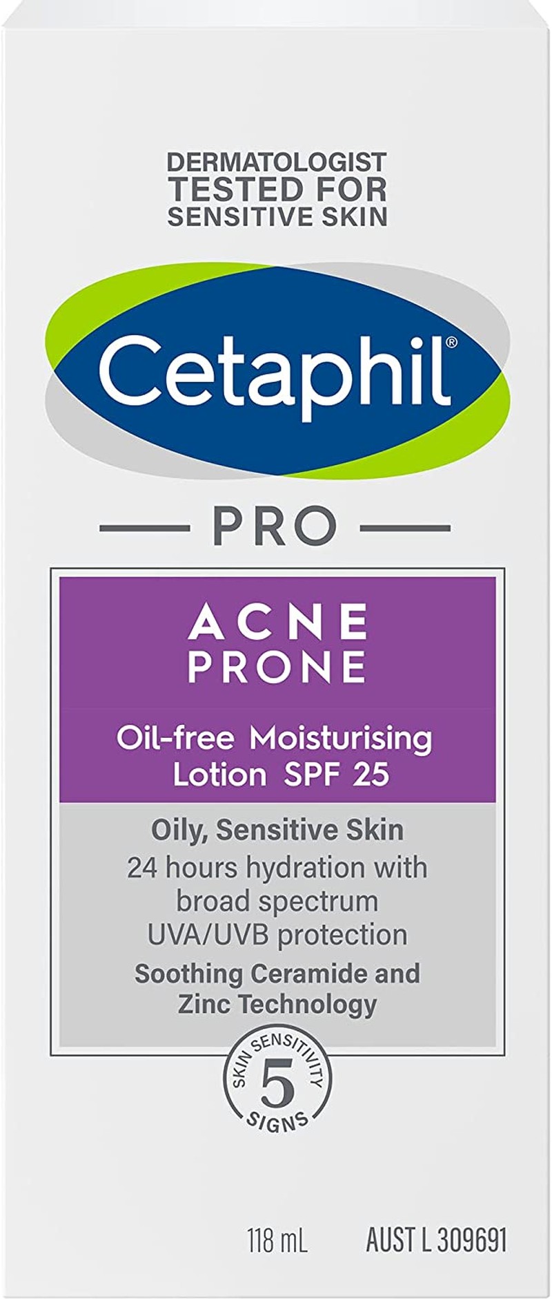 Cetaphil Pro Acne Prone Moisturising Lotion SPF 25 | 118 Ml | Oil Free | 24 Hours Hydration with Broad Spectrum | UVA/UVB Protection