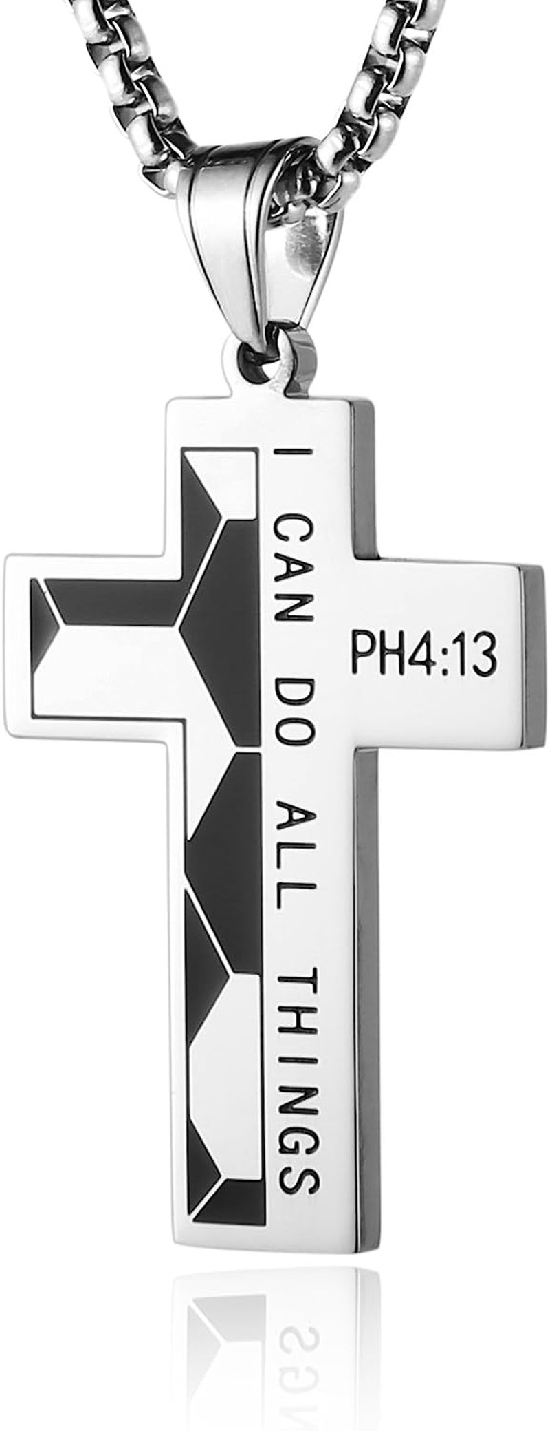 HZMAN Basketball Football Soccer Cross Pendant, I CAN DO ALL THINGS STRENGTH Bible Verse Stainless Steel Necklace