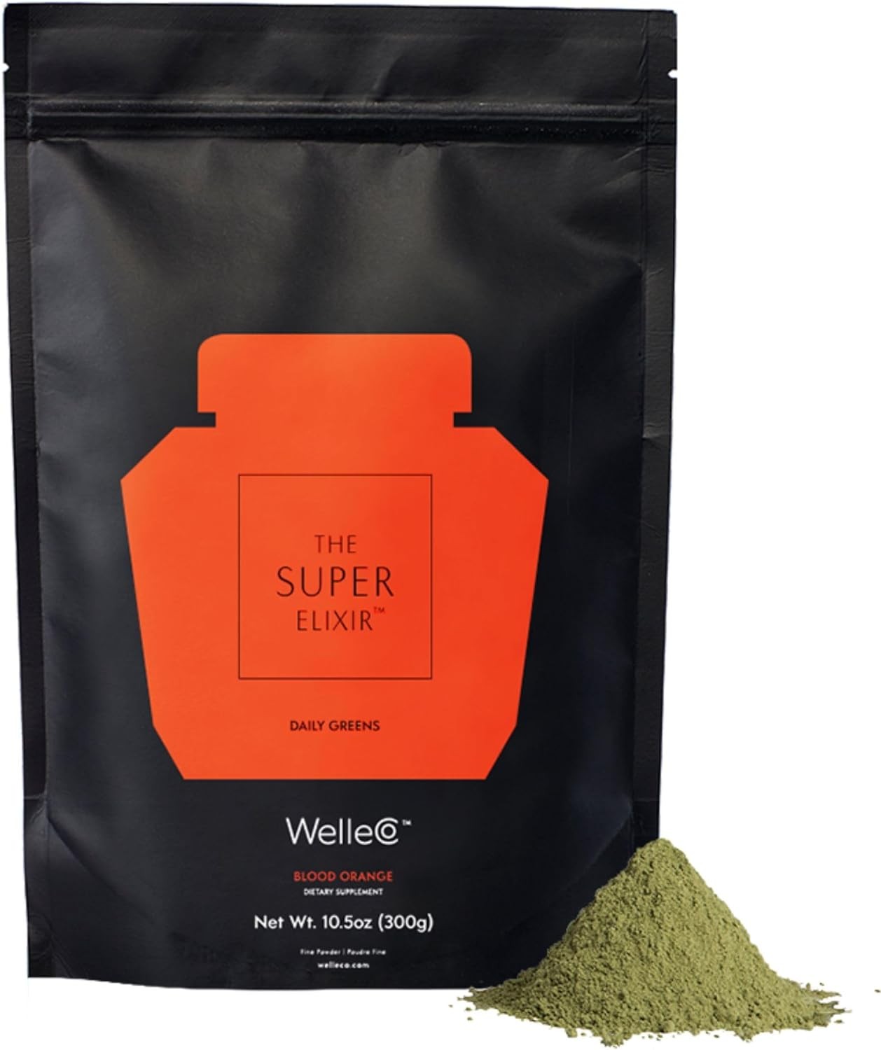 Welleco the Super Elixir Daily Greens Powder, Probiotic Drink Mix with Whole Foods, Gluten Free, Vegan Gut Health Powder, Energy, Immunity, Healthy Skin, Hair & Nails, Blood Orange, 300G Pouch