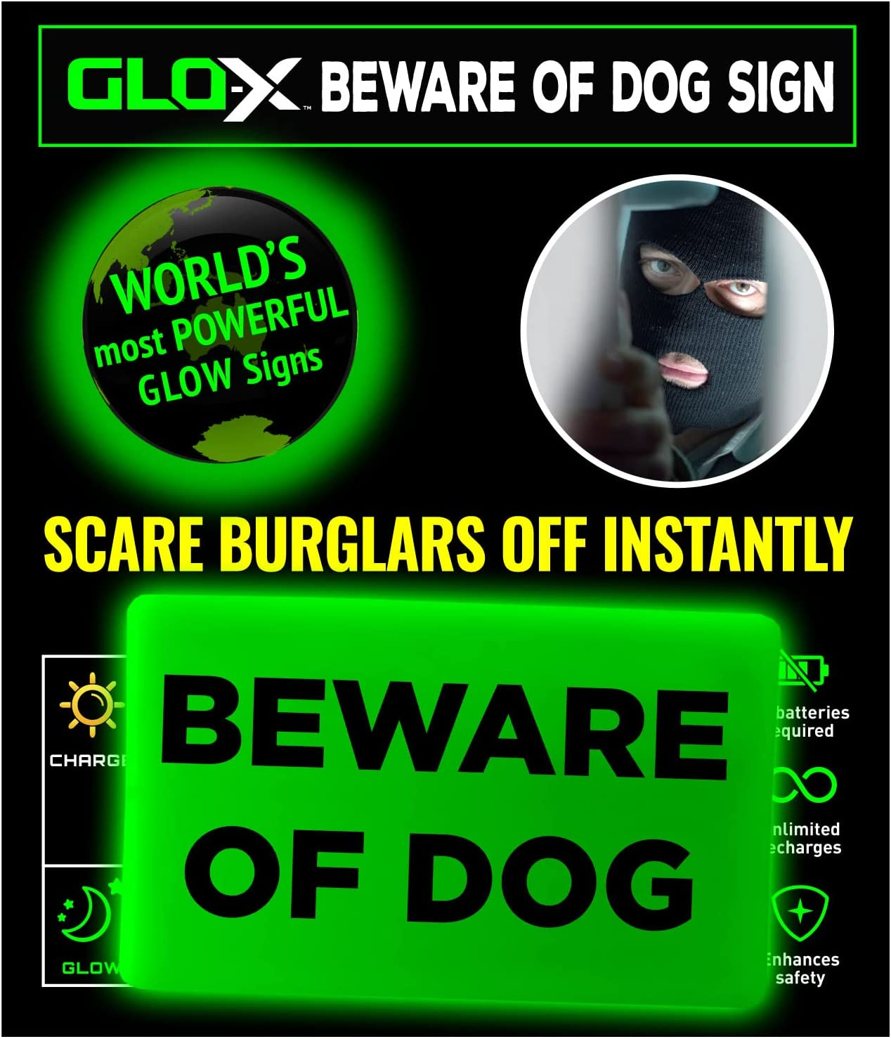 GLO-X Beware of Dog Sign – Glow in the Dark Animal Warning Sign – 12+ Hours Glow Time – Charges in Daylight – Easy to Mount- Indoor or Outdoor Use Unlimited Recharges – No Batteries Required (2.16” & 3.54”)