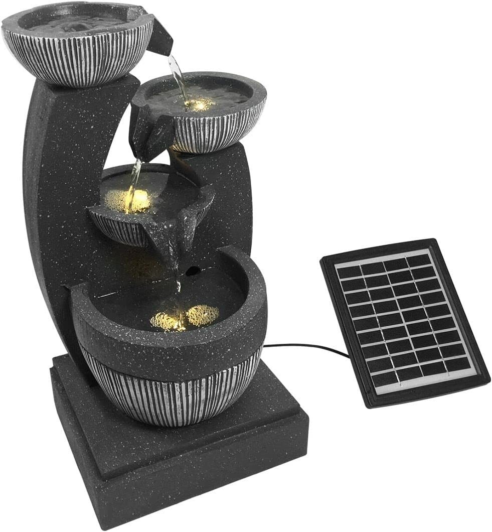 4-Tier Solar Water Fountain Garden Features Outdoor Indoor Bird Bath with LED Light Grey