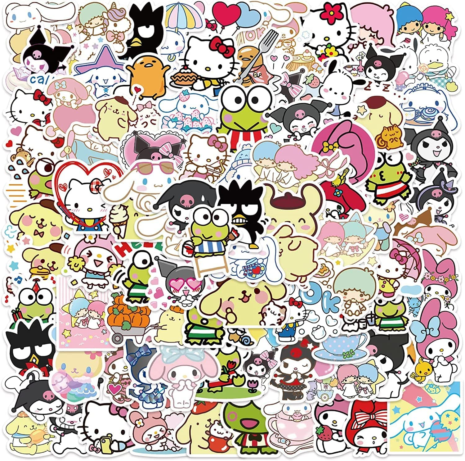 Yun.Arbor 100Pcs Cute Stickers Pack Mymelody&Kurom Stickers I Hello Kittystickers Cinnamoroll Pompompurin Keroppi Pochaco Stickers Decals Assorteds Kawaii Sticker Gifts for Kids Teens Girls Adults