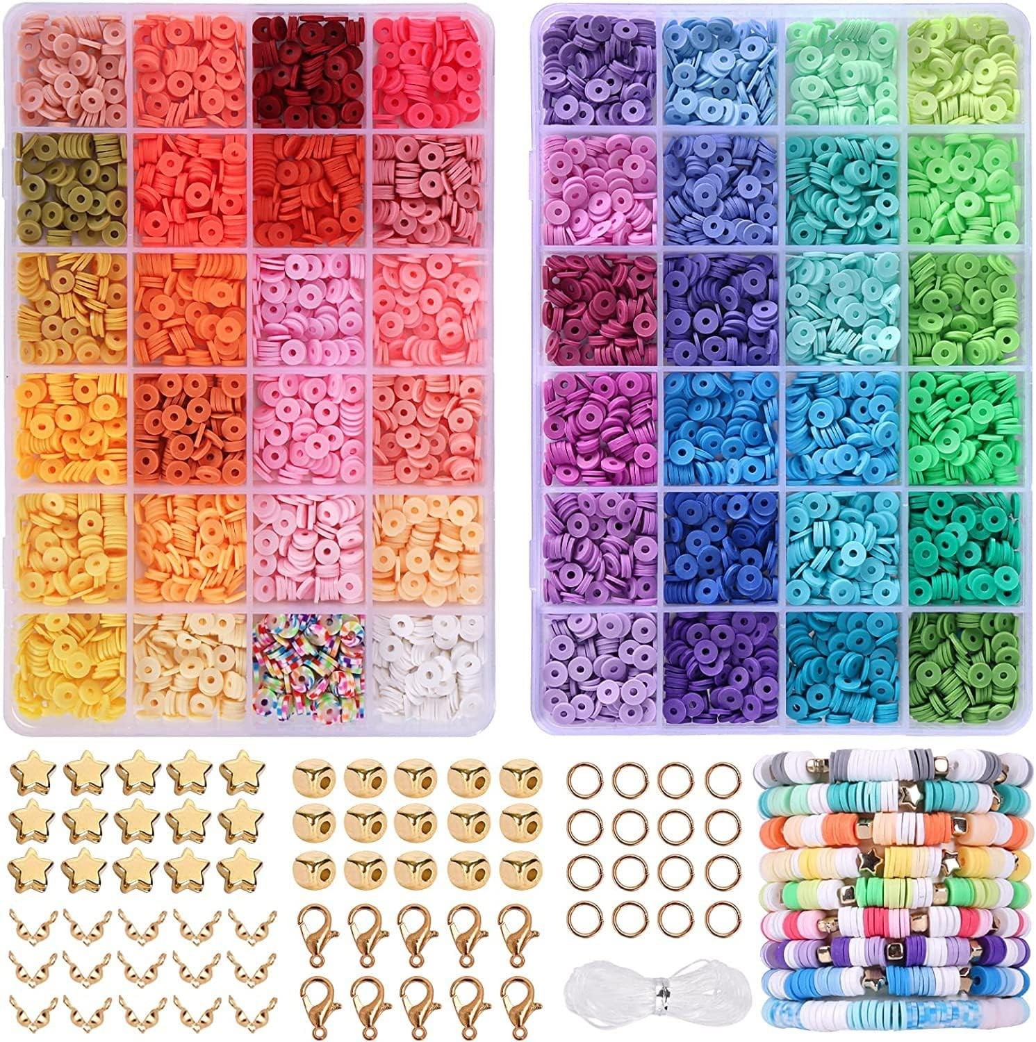 5000 PCS Clay Beads for Bracelet Making,48 Colors 6Mm Flat round Polymer Clay Beads with Pendant Charms Kit Letter Beads and Elastic Strings for Jewelry Making Kit & Craft Supplies