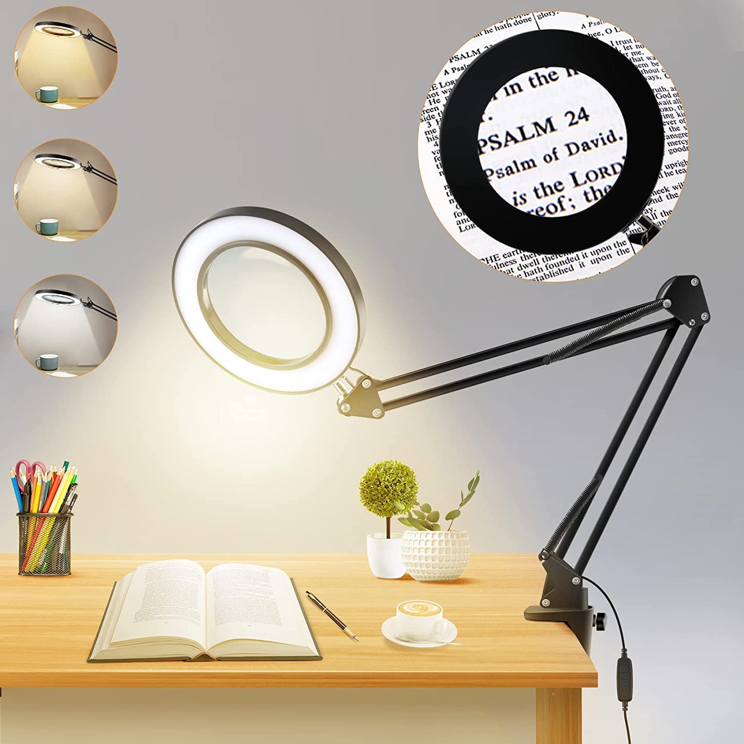 Eocean Magnifying Desk Lamp, LED Desk Light with 5X Magnifying Glass, 3 Color Mode 10 Brightness Level, 8-Diopter Magnifying Glass Clamp Lamp, LED Lighted Magnifier for Repair, Crafts, Close Works