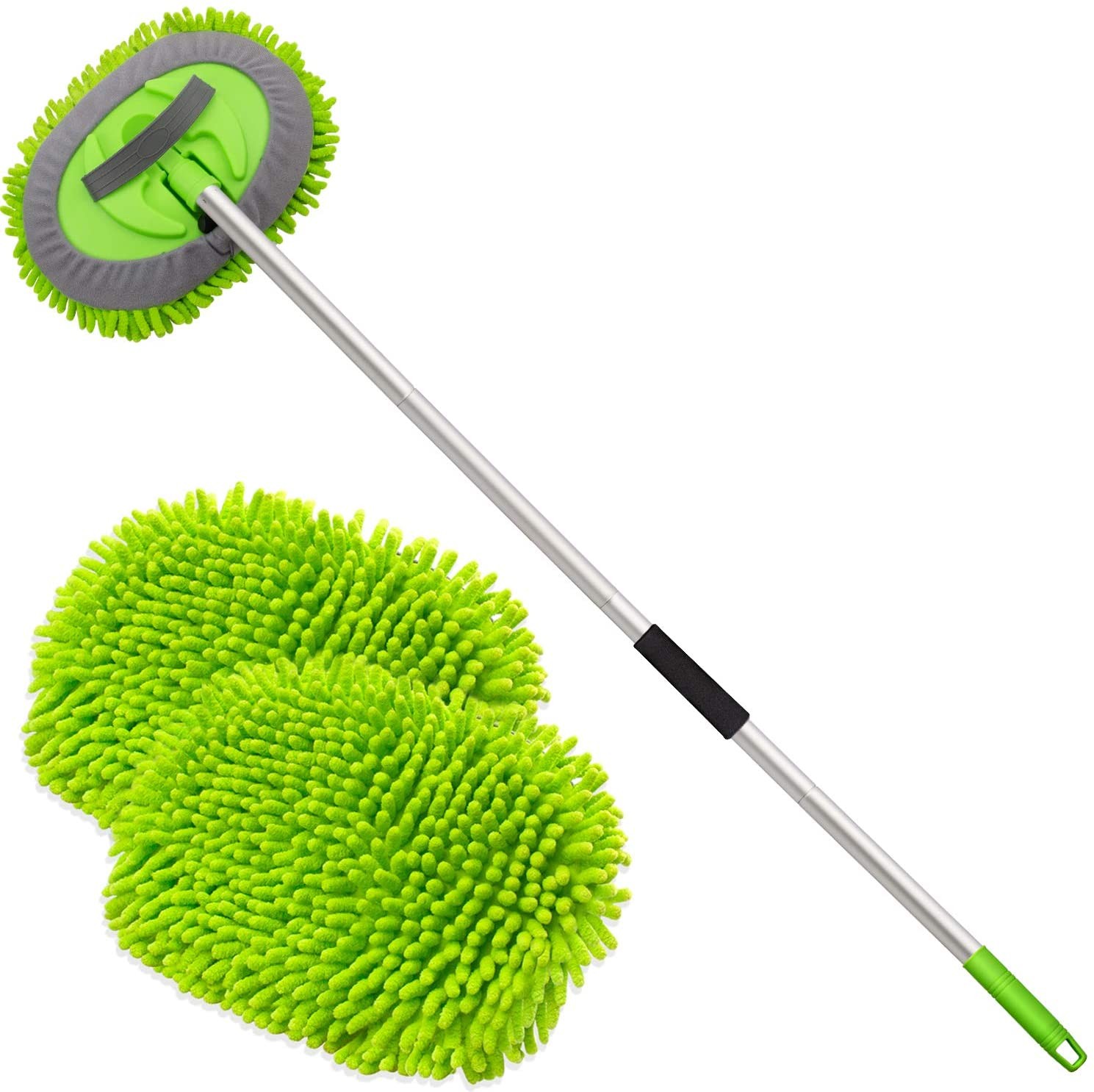 Anngrowy 62″ Microfiber Car Wash Brush Mop Kit Mitt Sponge with Long Handle Car Cleaning Supplies Kit Duster Washing Car Tools Accessories, 1 Chenille Scratch-Free Replacement Head Aluminum Alloy Pole