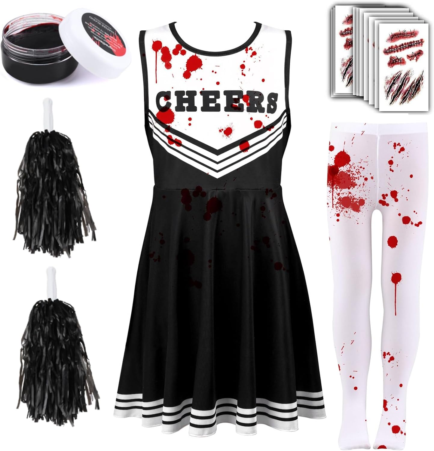 Matiniy 5Pcs Zombie Cheerleader Costume Set Include Dress Pantyhose Poms Stickers Fake Blood Gel for Girls Halloween Dress Up