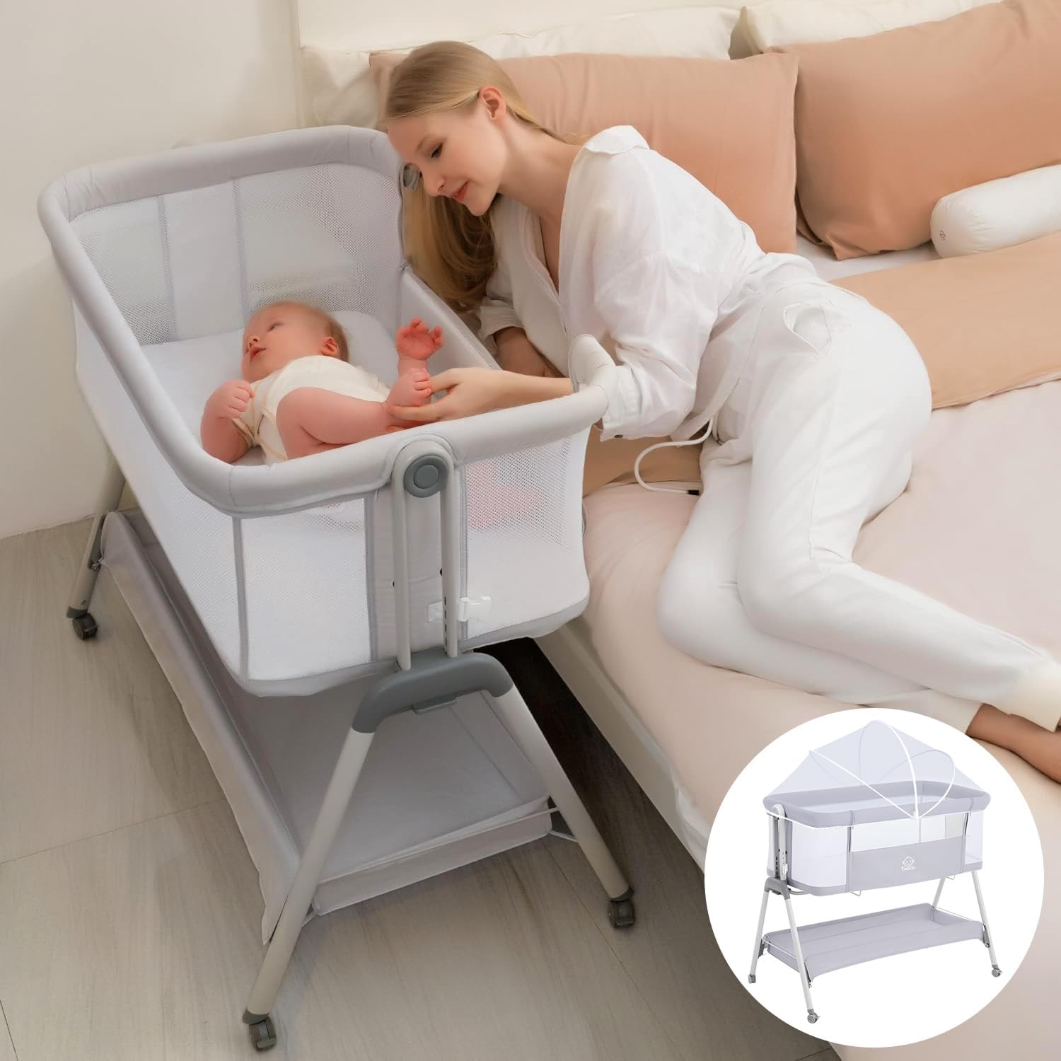 Baby Bassinet with Mattress,3-In-1 Bedside Bassinet Bedside Cribs Rocking Crib Co-Sleeping Cradle with Mosquito Net, Convertible Baby Cot for 0-6 Months Babies(Gray)