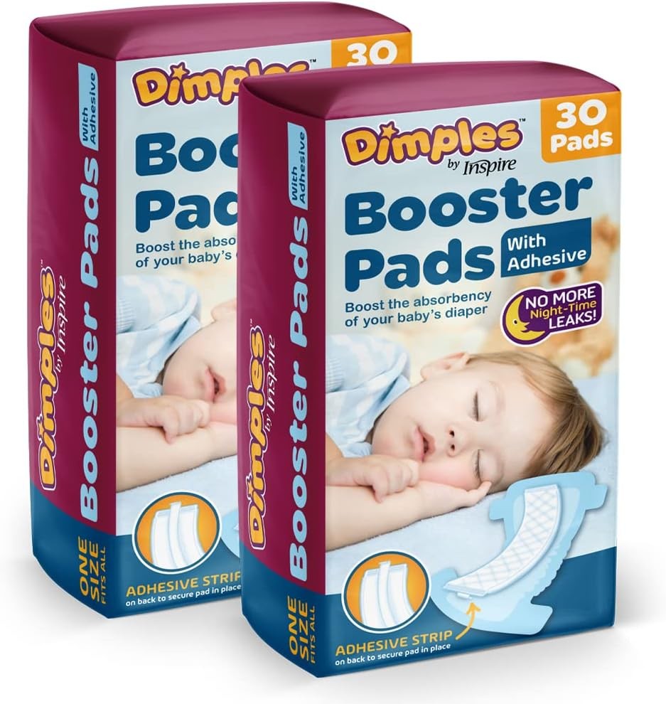 Inspire Dimples Booster Pads, Baby Diaper Doubler with Adhesive – 1 Size Fits All Diapers – Boosts Diaper Absorbency – No More Leaks 60 Count (With Adhesive for Secure Fit)