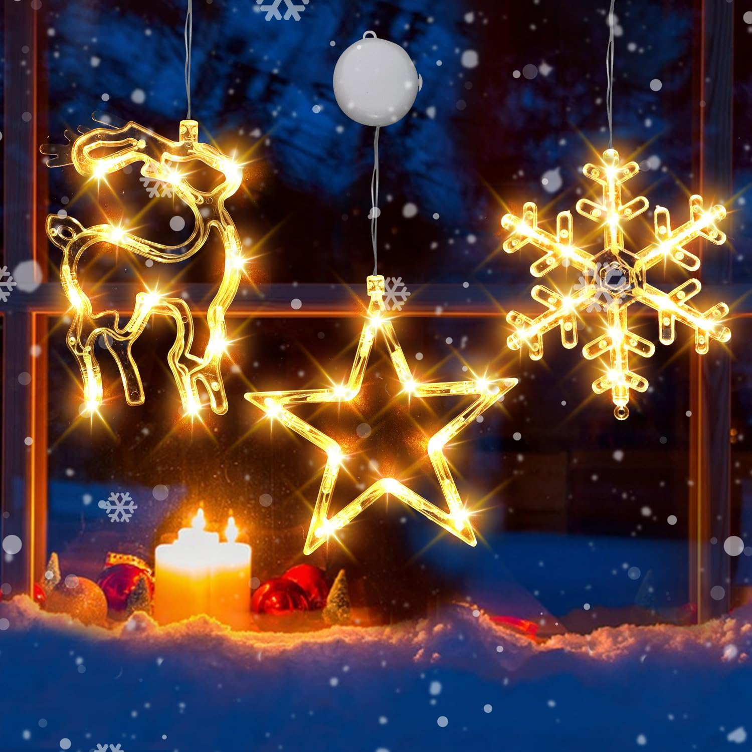 3Pcs Christmas Window Lights, Christmas Window Decorations Battery Powered Hanging Christmas Lights Snowflake & Star & Elk Shaped with Suction Cup for Xmas,New Year,Balcony,Party,Indoor Outdoor Decor