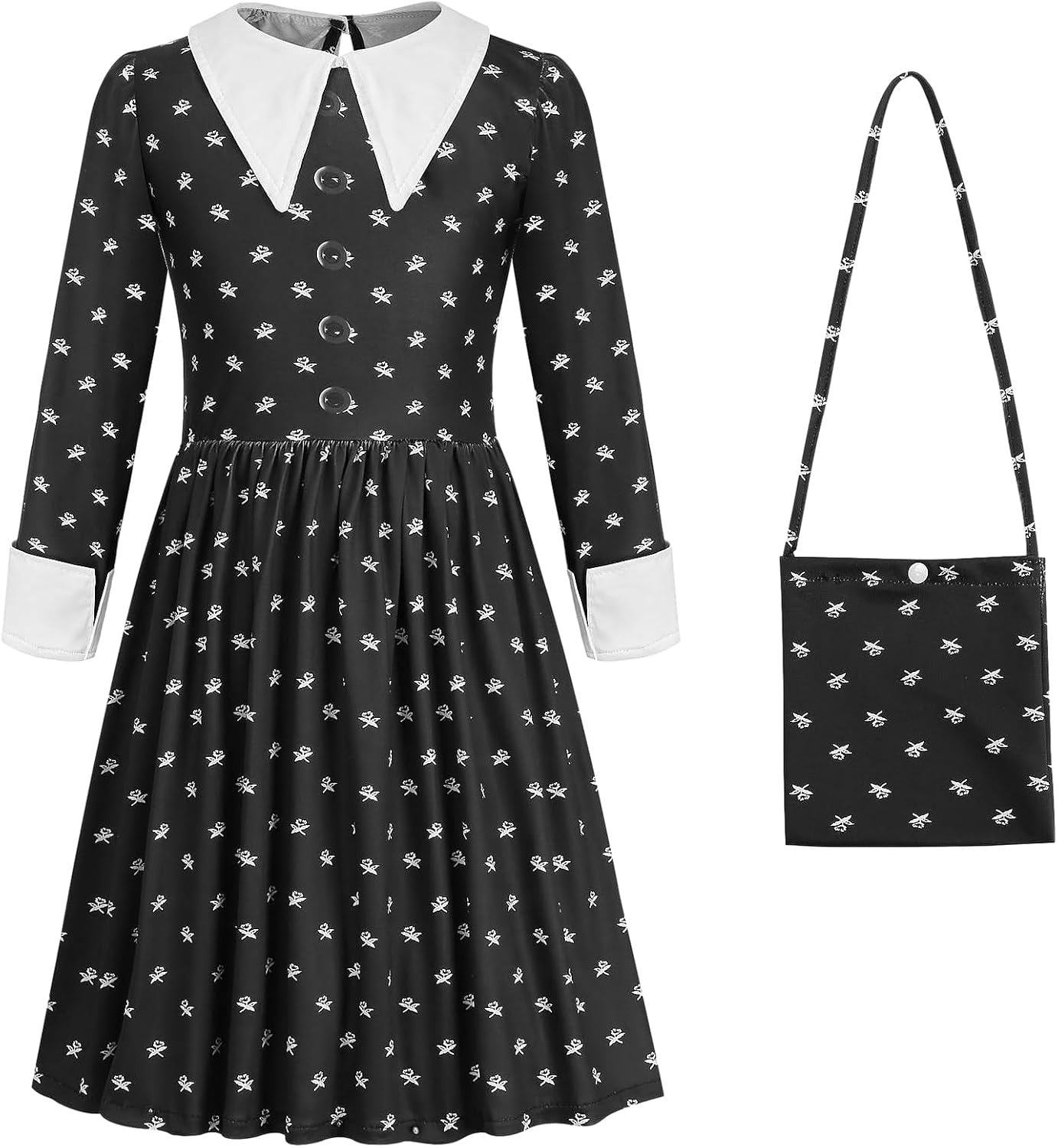 Boyigog Black Gothic School Girls Cosplay Dress Costume Set, Black Polka Dot Dress Costume with Bag for Girls Kids Fancy Dress up Outfits for Halloween Carnival Party