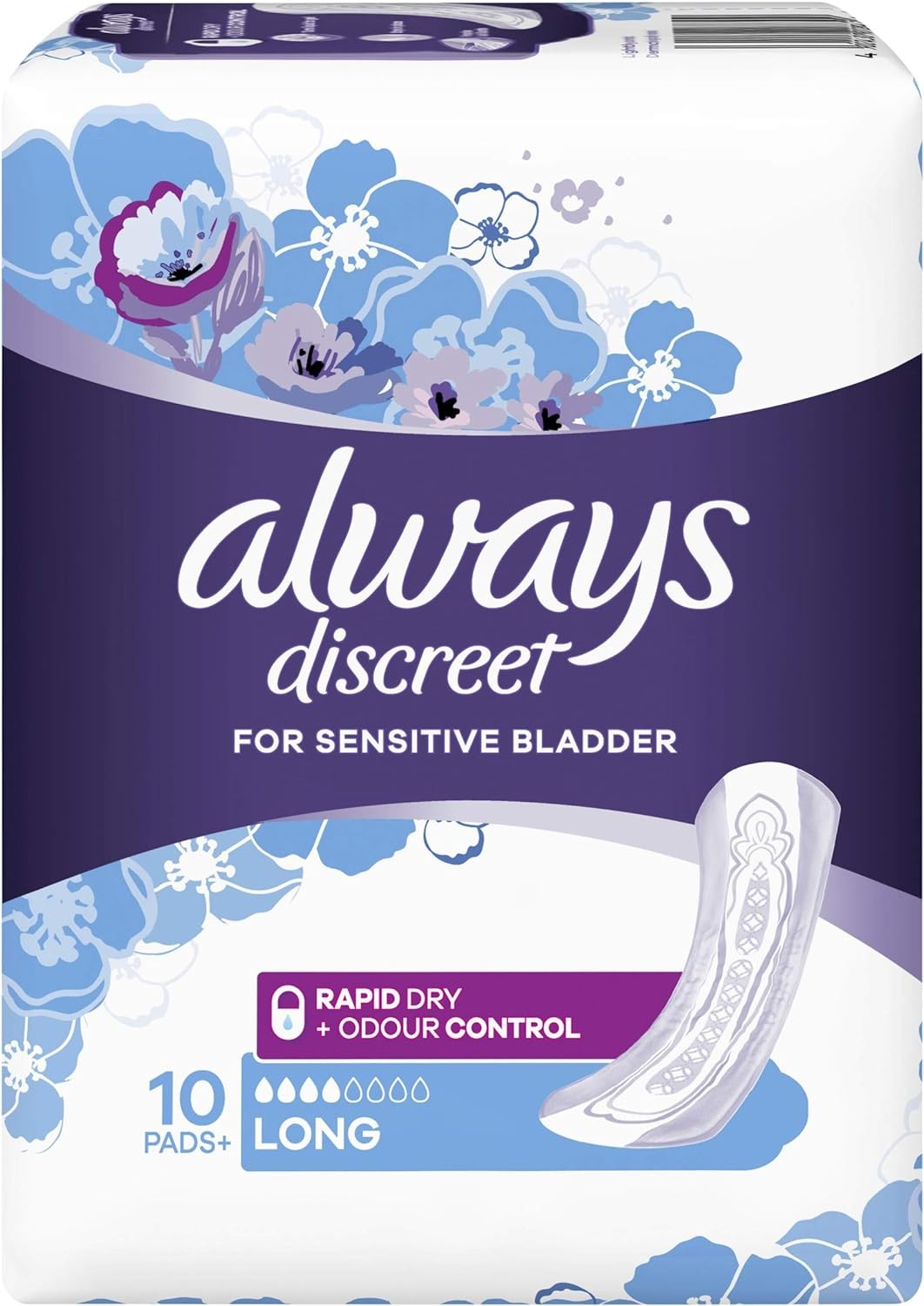 Always Discreet Incontinence Pads, Long, 10 Pack