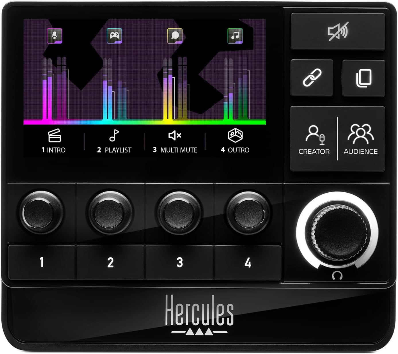 Hercules Stream 200 XLR, Pro Audio Controller to Master Your Audience and Creator Mixes Live on Screen, with Mic Pre-Amp, LCD Screen, High Resolution Encoders, 4 Actions Buttons