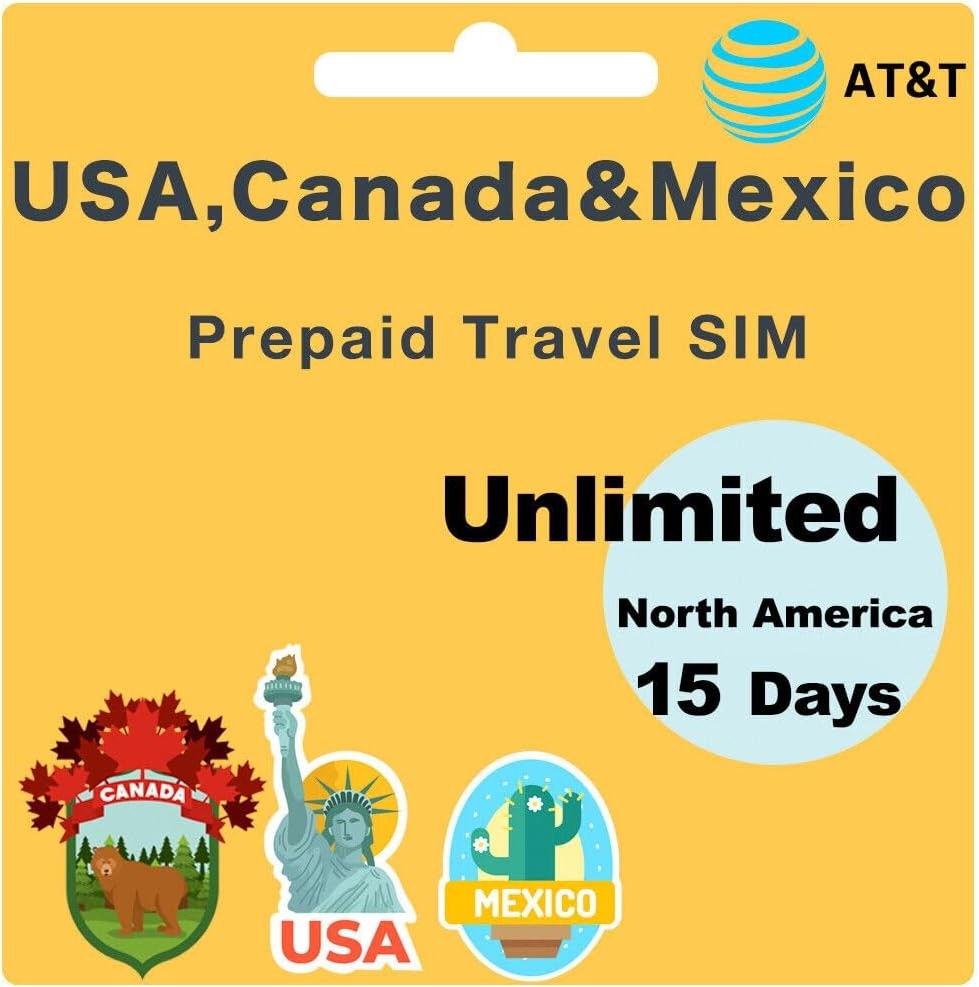 USA, Canada & Mexico Prepaid Travel SIM Card – AT&T – Unlimited Data/Calls/Texts, 4G/5G Speed, AT&T United States Local Carrier (15 Days)