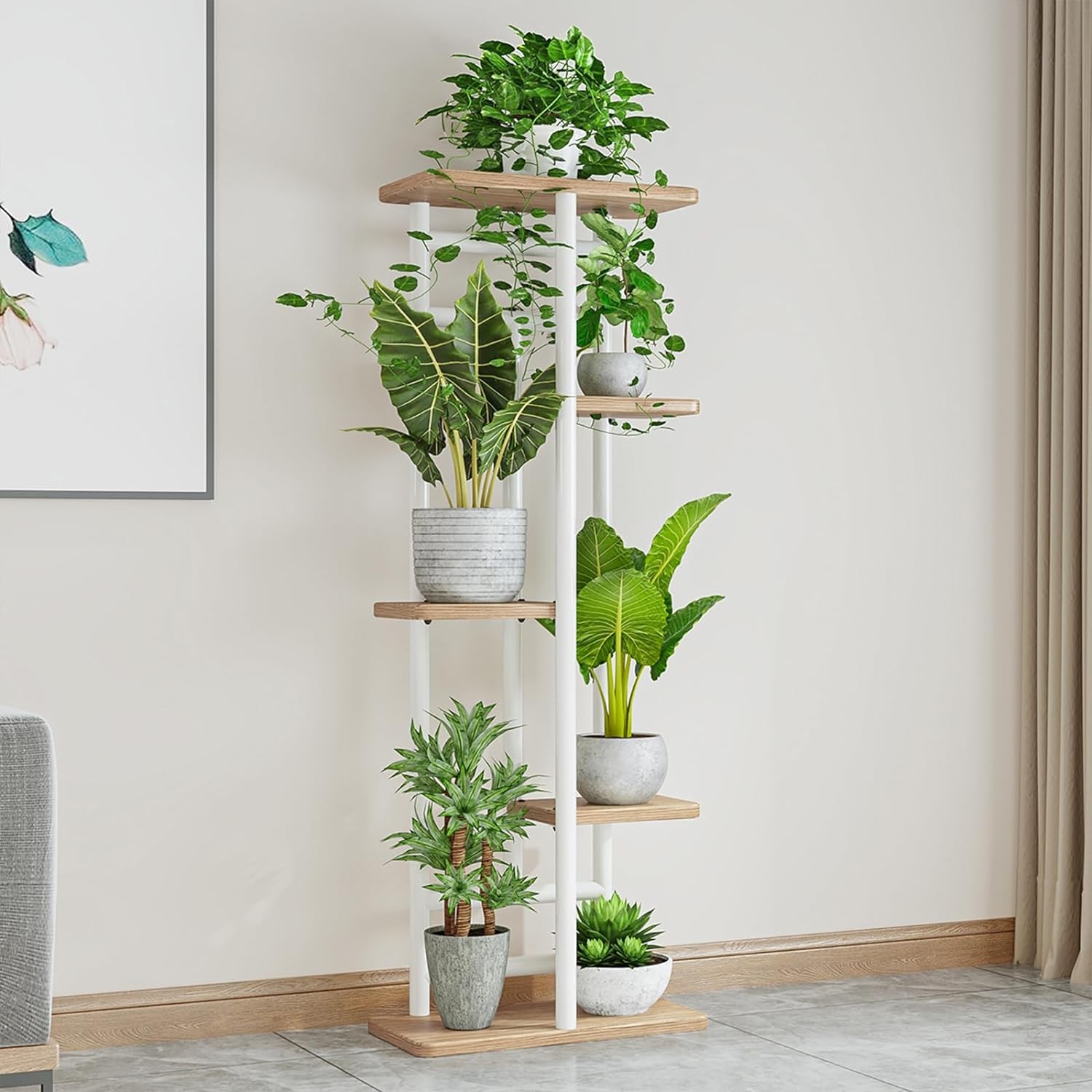 STEUGO Plant Stand Indoor Plant Stands Wood Outdoor Tiered Plant Shelf for Multiple Plants，5 Tier 6 Potted Indoor Plant Shelf ,Suitable for Garden Corner Balcony Living Room (White)