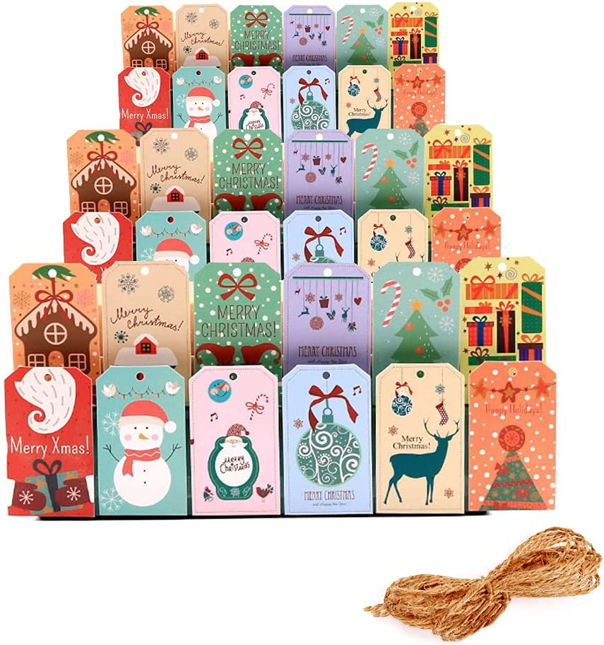 Cute Christmas Tags Set of 12 Designs with Natural Jute Twine Christmas Tree Decoration Holiday Decor Gifts Card Baking Birthday Wedding Paper Tags (A)