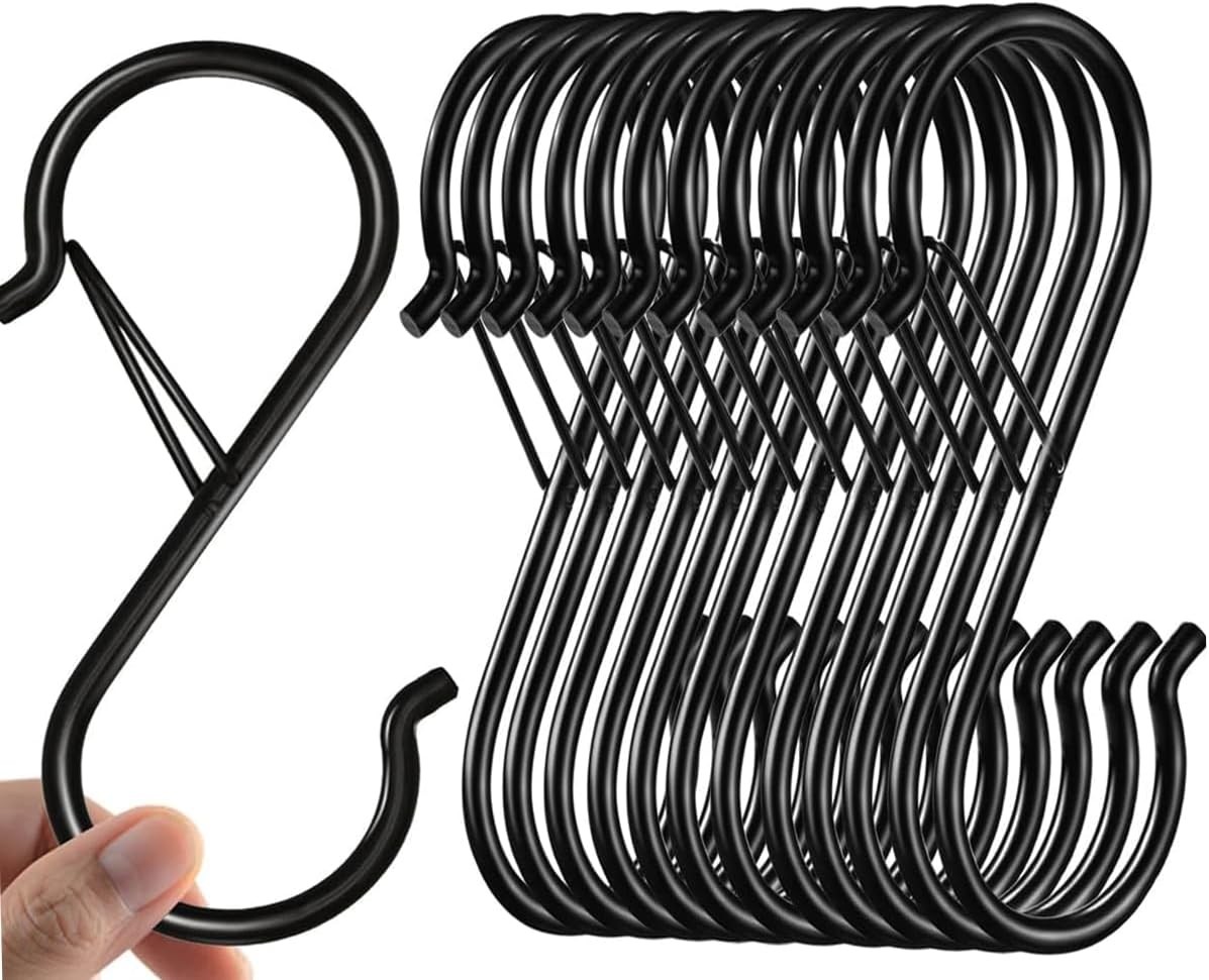 12Pcs S Hooks Hanging Safety Buckle – 3.5 Inch Heavy Duty S Hooks,Hanging Plants for Closet Hooks, Clothes, Kitchen Utensil, Pots and Pans, Bags (Black)