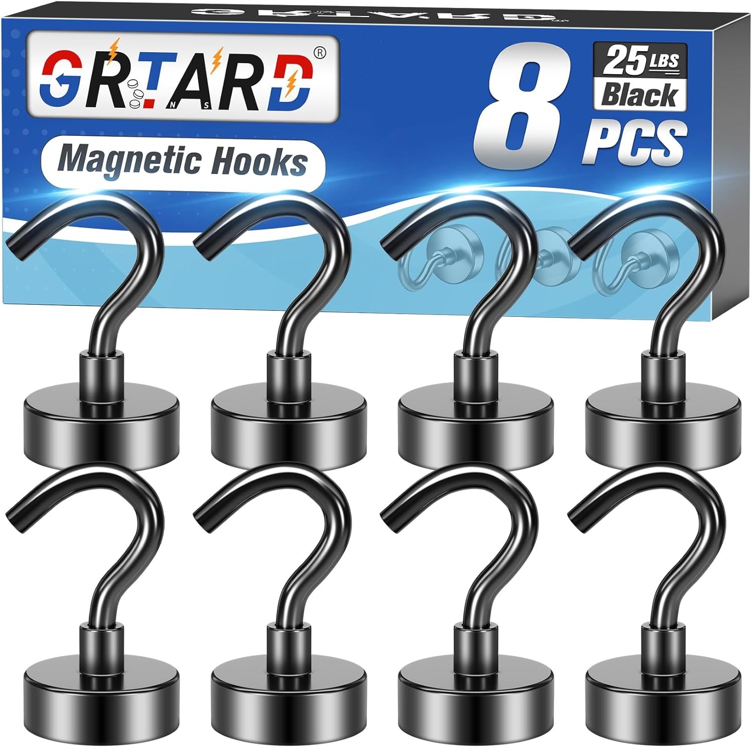 Grtard Magnetic Hooks Heavy Duty, 8 Pack 25 LBS Fridge Magnet Hooks, Strong Magnetic Hooks for Hanging, Strong Magnets with Hooks for Fridge, Kitchen, Workplace, Office, Cruise, Garage