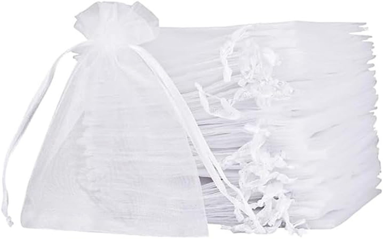 100Pcs Large Organza Bags White, 8 X 12 Inch Mesh Gift Drawstring Pouches Goodie Bags for Christmas Shower Party Favors Samples (White, 30X20Cm)