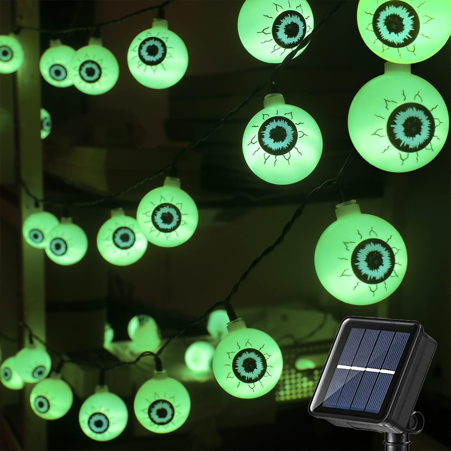 Halloween Decorations Solar Eyeball String Lights Outdoor, Solar Halloween Lights with 30 LED Scary Green Eyeballs, Waterproof Solar Halloween String Lights for Garden Tree Patio Yard Party Decor