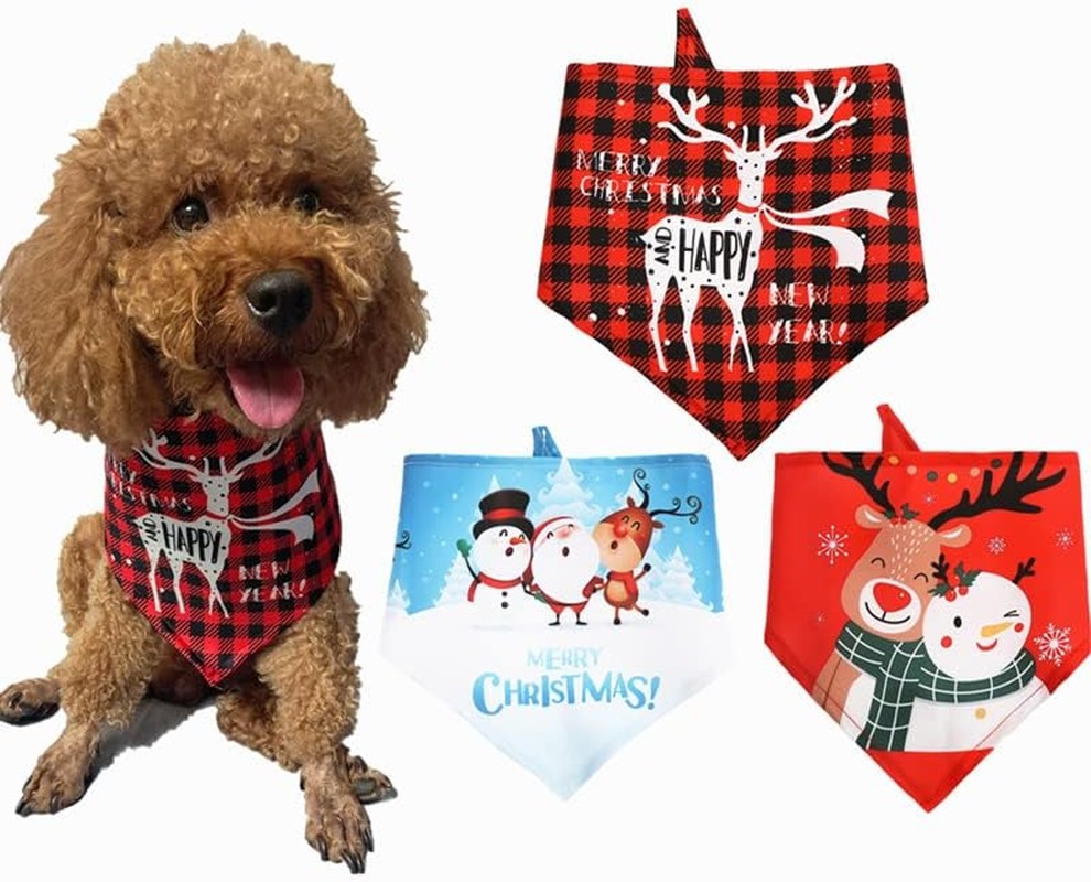 3 Pcs Dog Bandana, MH MOIHSING Christmas Dog Scarf Bandana Dog Kerchief Pet Triangle Bibs Scarf, Square Plaid Printing Bib Double Reversible Pet Saliva Towels Washable for Small to Large Dog Puppy Cat