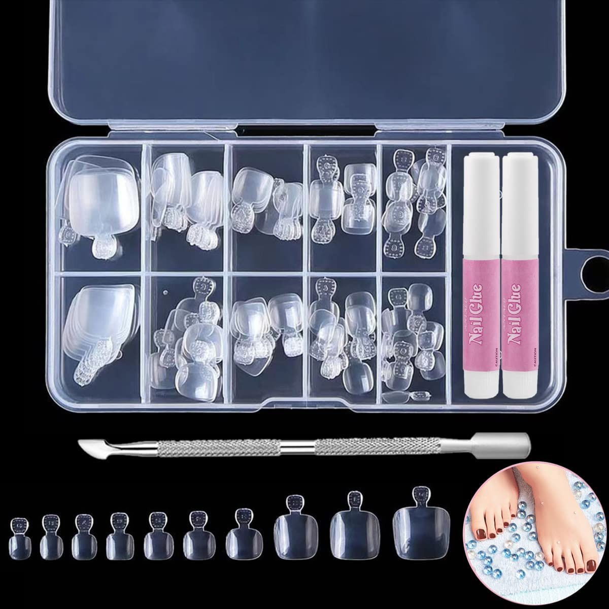 100 Pcs Fake Toenails – 10 Different Sizes Clear Toe Nails False with Glue, Cuticle Pusher and Storage Box for Nail DIY and Nail Salon