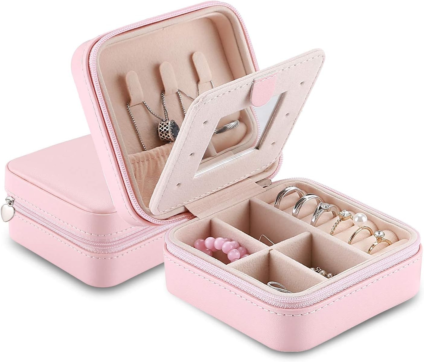 Procase Small Jewelry Organizer Box for Travel, Portable Mini Jewelry Travel Case with Zipper Mirror for Rings Necklaces Bracelets Earrings for Women Girl -Pink