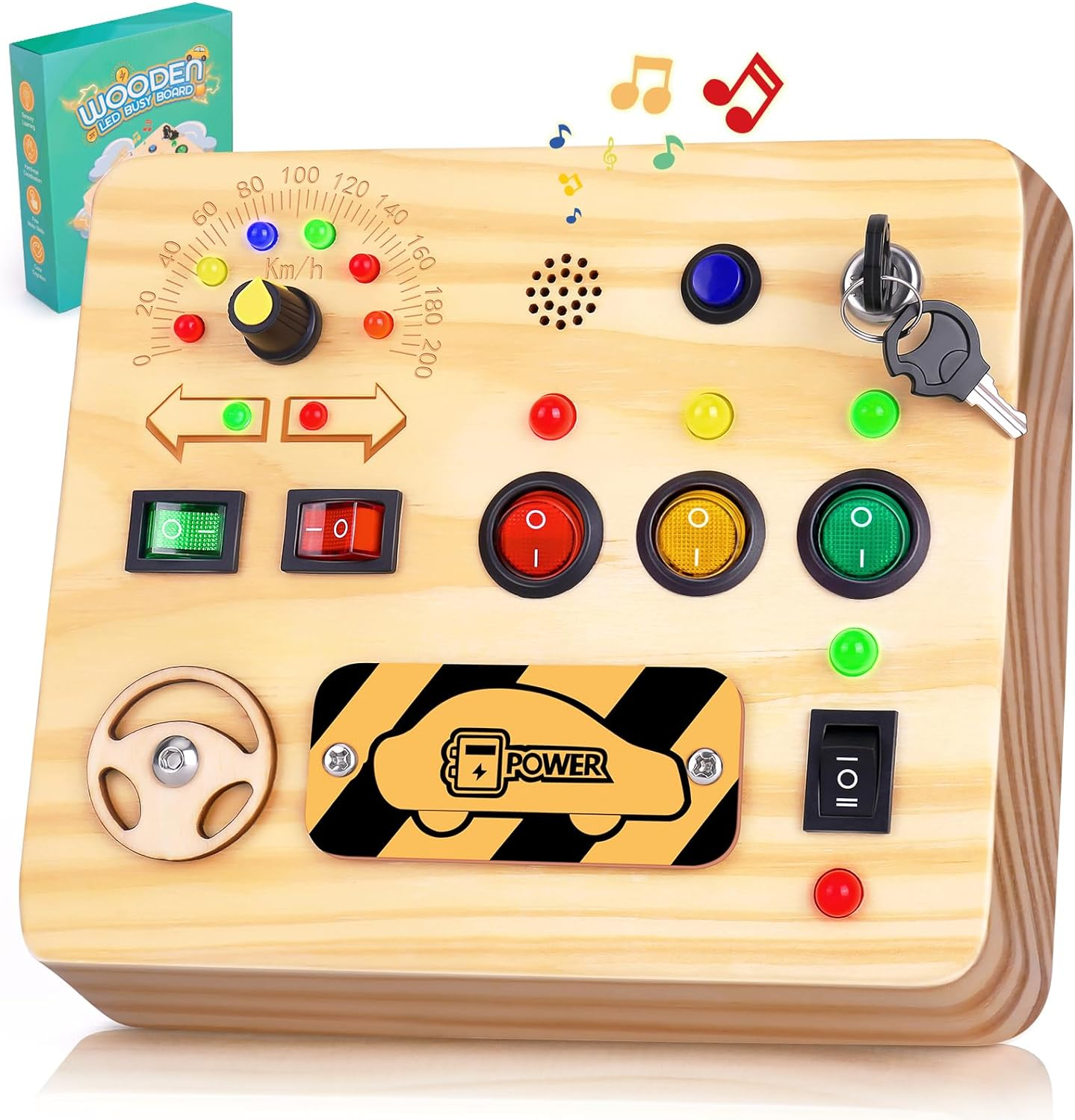 SPLAKS Busy Board for Toddler, Montessori Toys with LED Light, Wooden Sensory Toys for Toddler Activity for 1-6 Year Old Boys & Girls, Christmas & Birthday Toddler(Car)