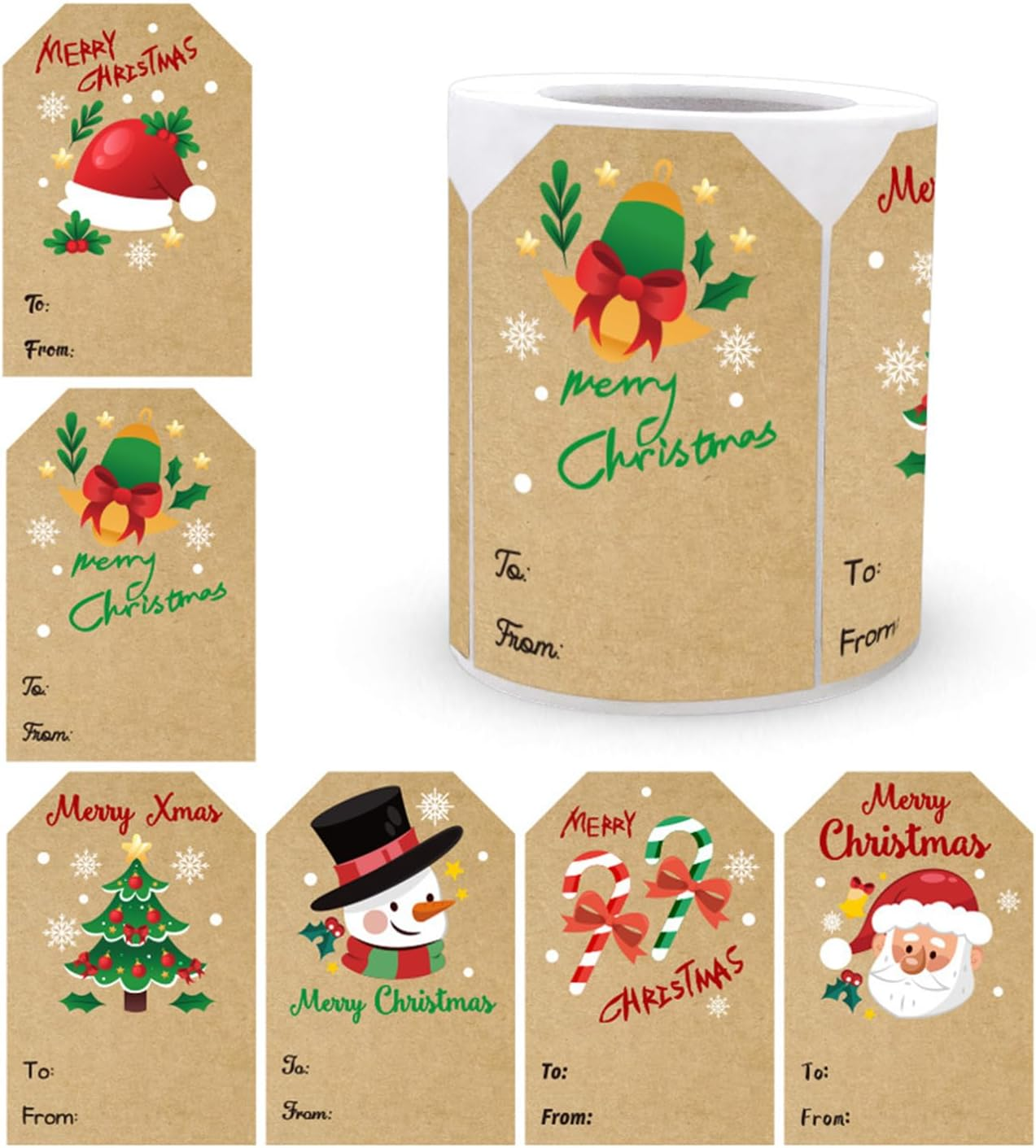 Christmas Tags Stickers Self-Adhesive, 250 Merry Christmas Name Tags Stickers Rolls, 50Mm X 75Mm Kraft Gift Tags for Christmas Presents, Christmas Labels for Gifts Stickers