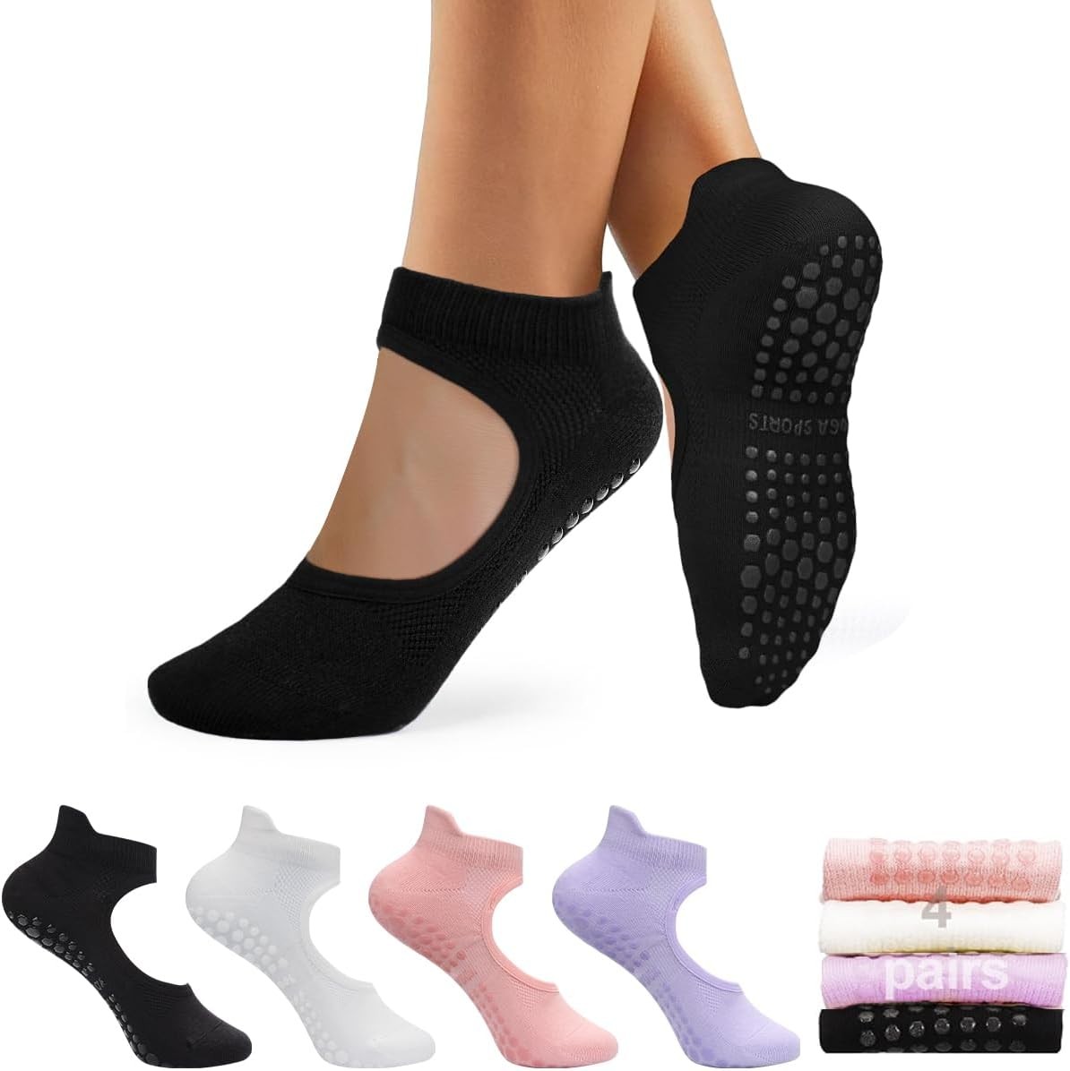 H HOME-MART (4 Pairs) Yoga Socks for Women Pilates Socks Non Slip Grip Socks for Women Pilates Socks with Grips Open Top Non Slip Grippy Socks for Yoga, Barre