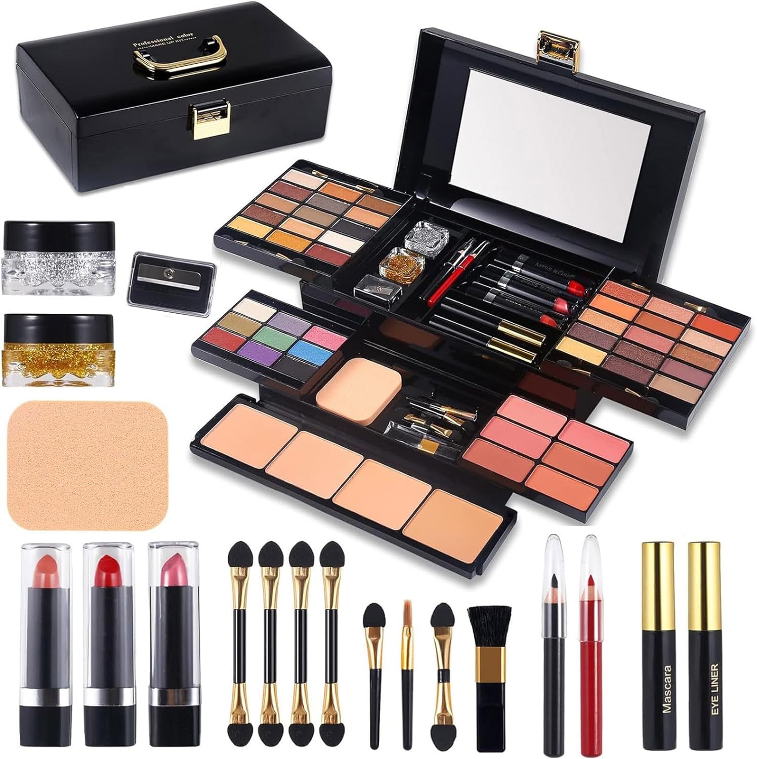 Roseflower 39 Colors Cosmetic Makeup Palette, Makeup Kit, All-In-One Makeup Se Full Makeup Essential Starter Kit for Beginners or Pros, Included Eyeshadow, Lip Gloss, Blusher, Eyeliner, Mascar