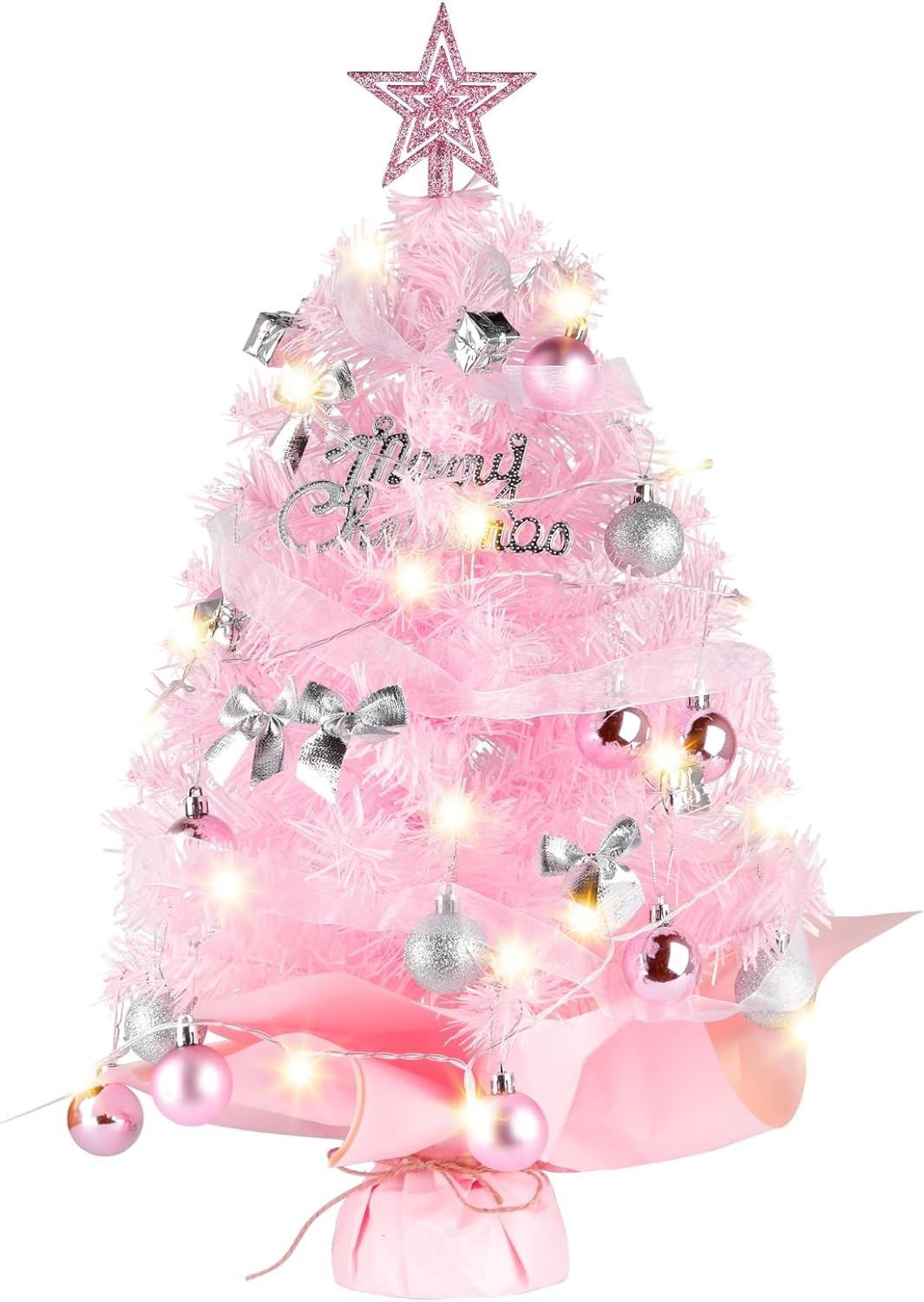 Tabletop Christmas Tree with Lights, Migaven 24 Inch/2 Ft Pink Christmas Tree with Topper Star Ornaments Led String Light for Home Desktop Xmas Tabletop Decoration