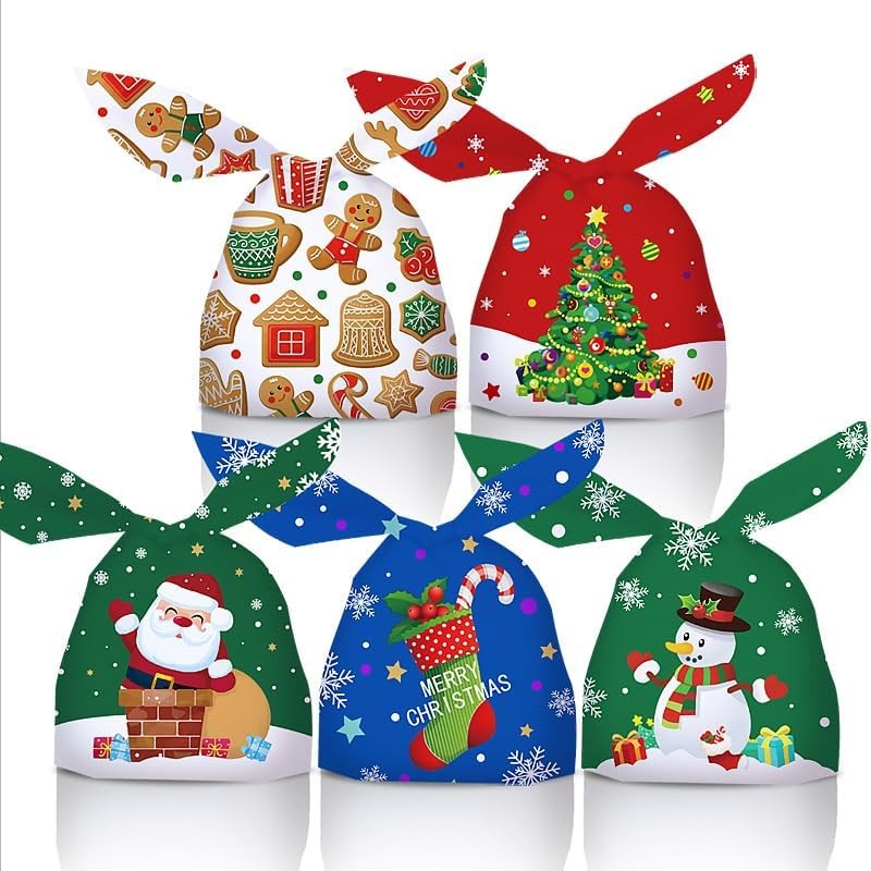 Christmas Rabbit Ear Gift Bags 50PCS in 5 Styles Christmas Wrapping Bags Xmas Treats Bags Christmas Party Favor Goody Sweet Treat Candy Bags