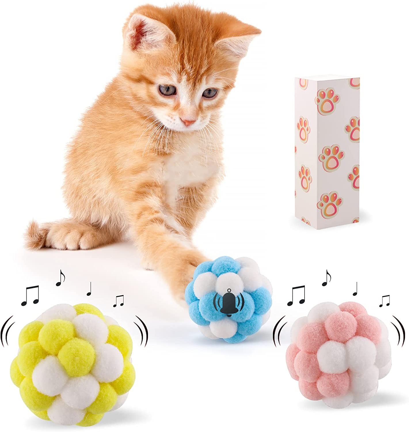 Cat Balls with Bell, Cats Interactive Toy Balls 3 Pack Colorful Soft Balls with Built-In Bell, Chewing Toys for Indoor Cats, Kittens Pets Playing, Christmas Pet Gifts