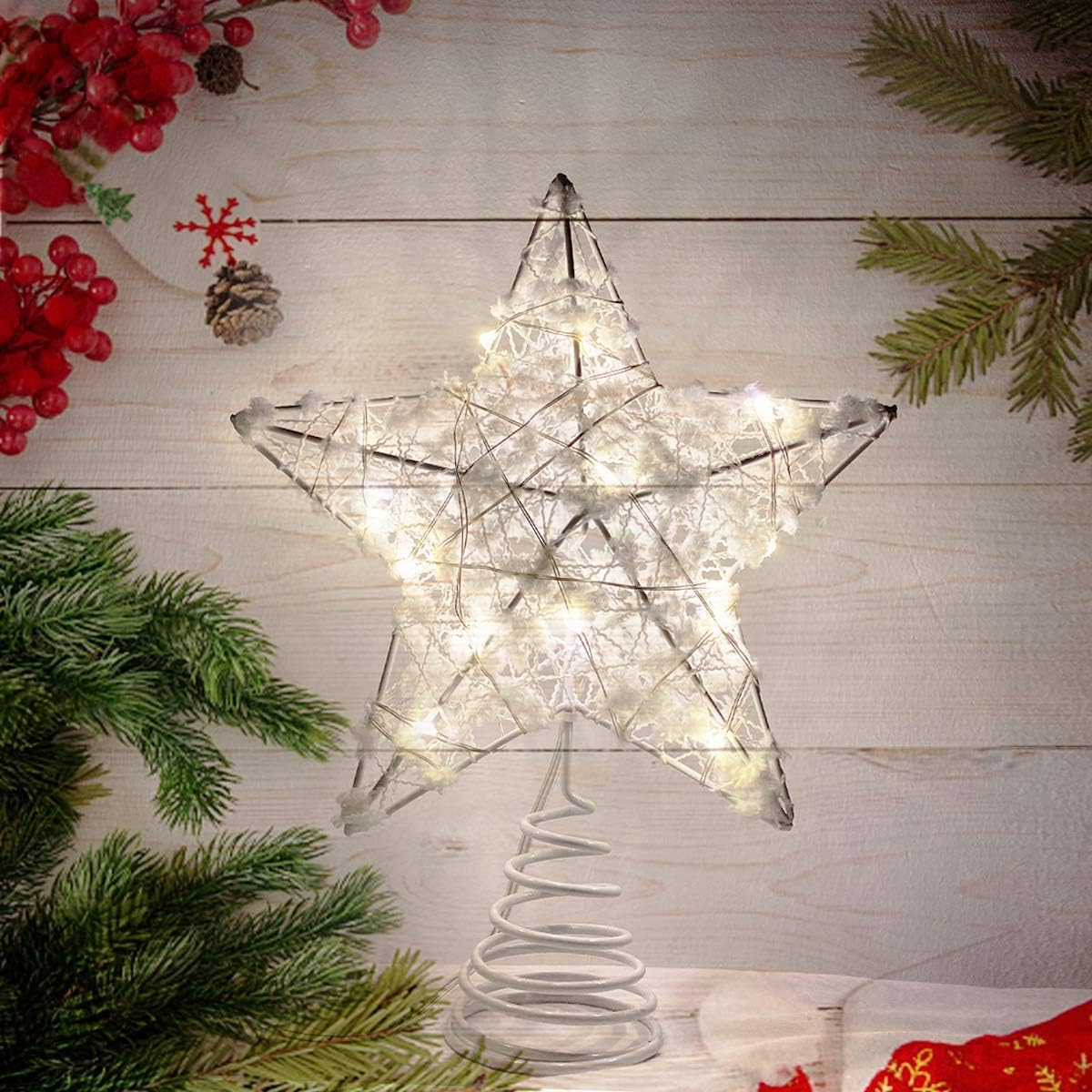 Metal Glittered Christmas Tree Topper Hallow Wire Star Topper for Christmas Tree Ornament Lighted Tree Star Glitter Xmas Star with 20 White LED Lights (White)