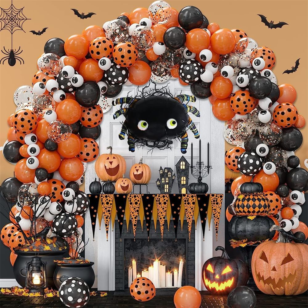 Halloween Balloons Garland Arch Kit, 119Pcs Black Balloons Orange Balloons Confetti Latex Balloons Eye Balloons Spider Foil Balloons for Halloween Party Decorations Supplier (C)