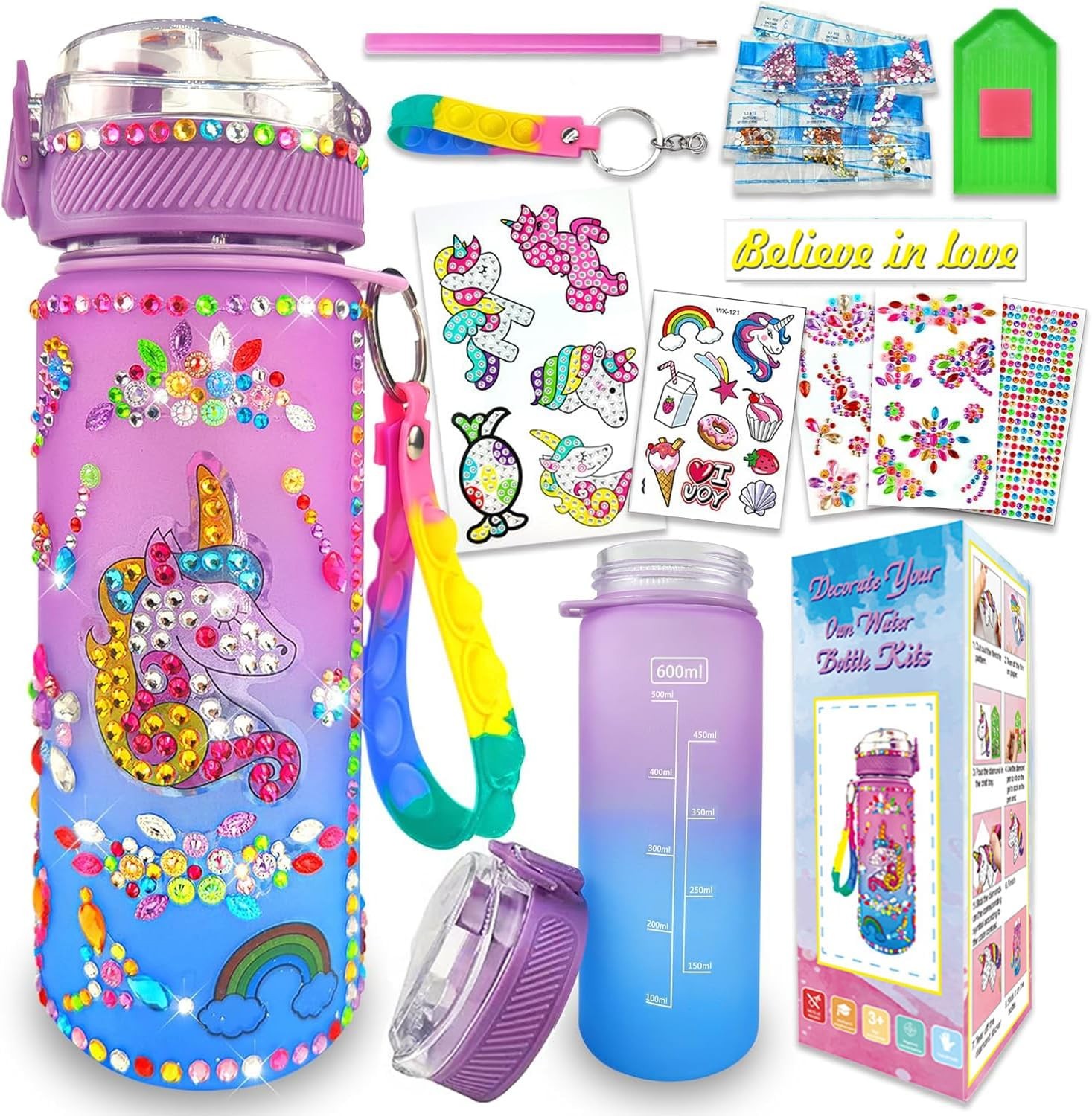 Decorate Your Own Water Bottle Kits for Girls Age 4-6-8-10, Unicorn Gem Diamond Painting Crafts, Fun Arts and Crafts Gifts Toys for Kids, DIY Birthday Gifts Thanksgiving Christmas Crafts