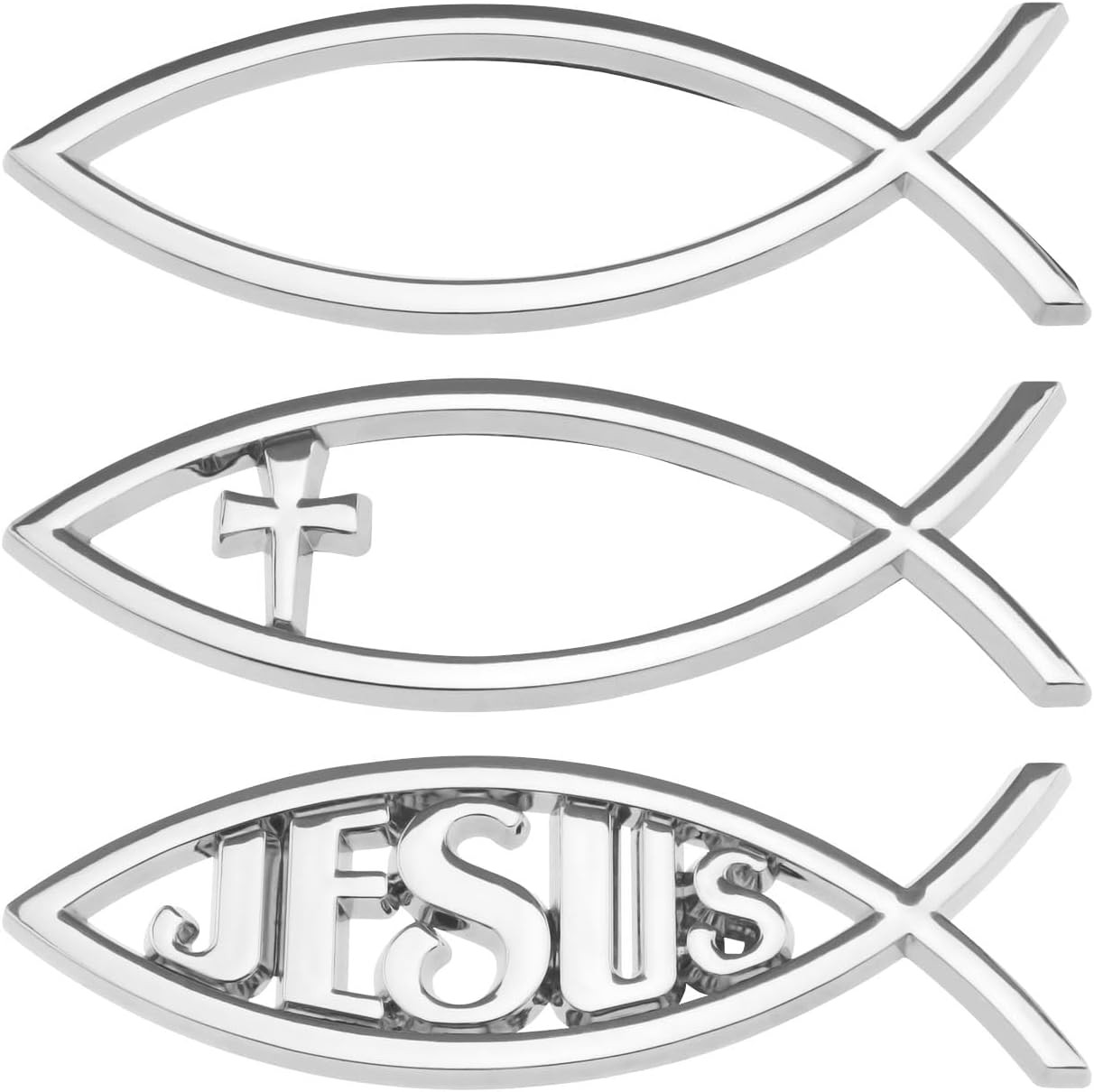 SING F LTD 3Pcs 3D Car Jesus Fish Decal Sticker 3 Style Christian Cross Fish Emblem Metal Optic Decal for Car Windows Laptops Luggage Fridge 140 X 45 X 6 Mm, Silver