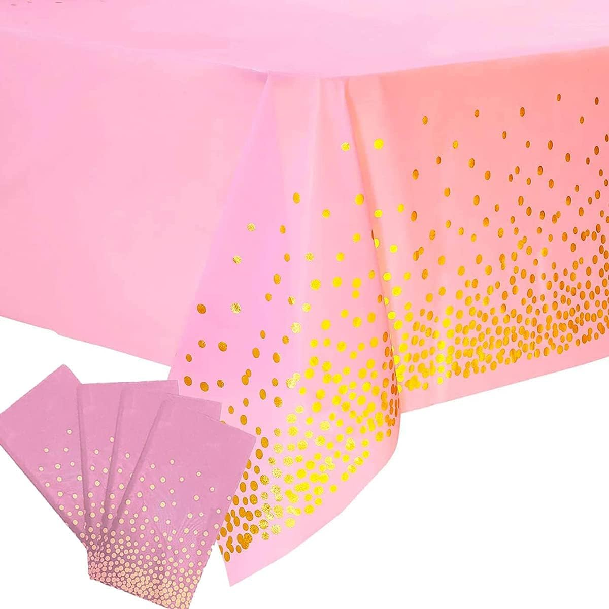 4 Pack Disposable Plastic Tablecloth, Gold Stamping Dot Rectangular Table Cloth,Disposable Tablecloths for Indoor or Outdoor Tables Party Decorations, Birthdays, Wedding, 137X 274Cm (54″ X 108″) Pink