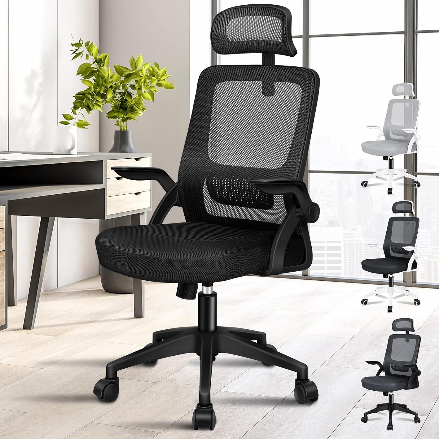 ALFORDSON Mesh Ergonomic Office Chair with Adjustable Headrest & Flip-Up Armrest, Tilting Executive Computer Desk Chair with SGS Listed Gas-Lift, Swivel Gaming Chair for Max 180Kg (All Black)