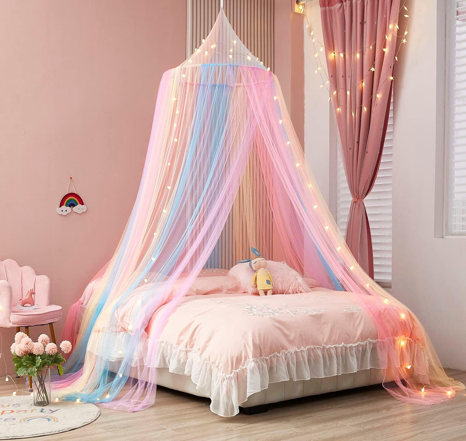 Mengersi Rainbow Bed Canopy for Girls with Lights – Princess Baby Canopy for Bed, Netting Room Decor, Ceiling Tent, Canopy for Crib | Single, Twin, Full, Queen Size Kids Canopy Bed Curtains