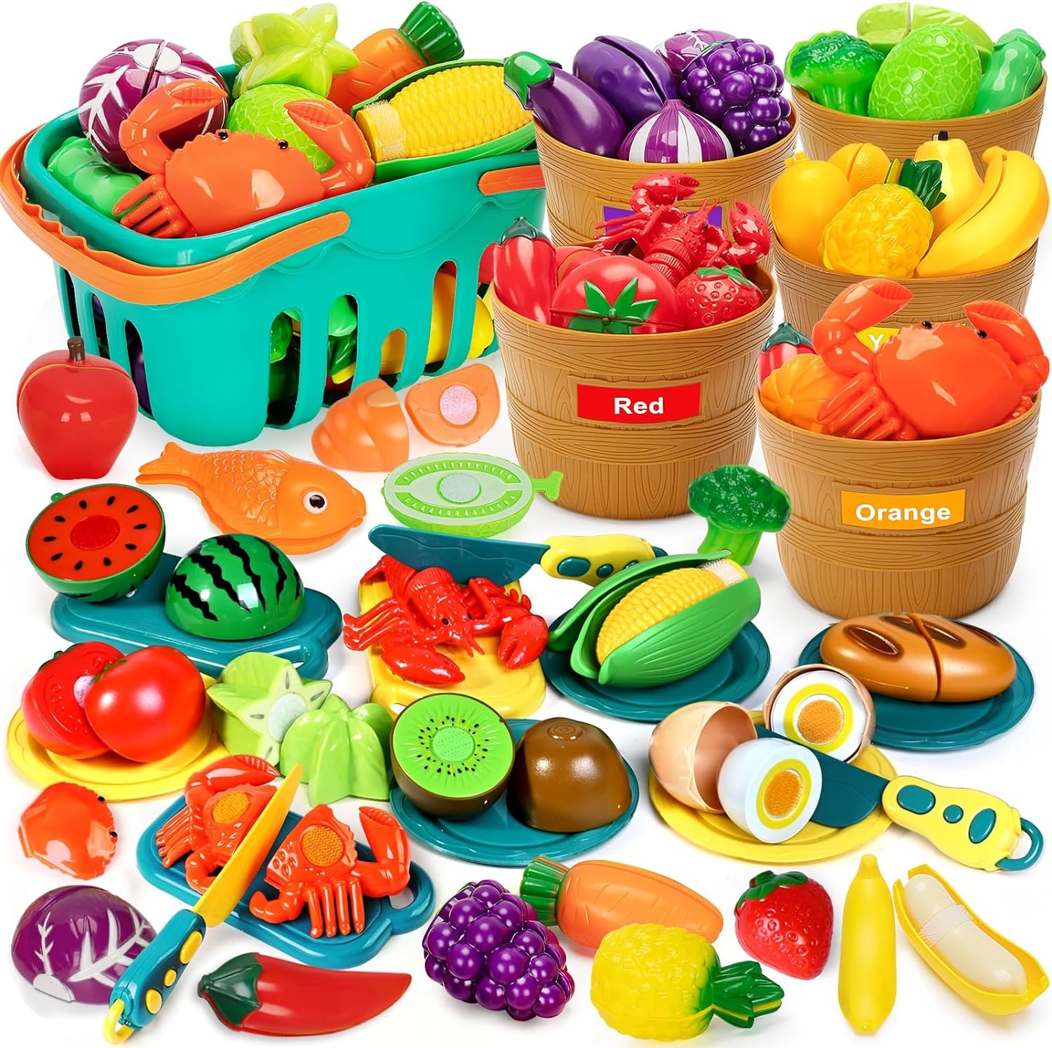 Color Sorting Play Food Set – 68 Pcs Cutting Play Food Toy for Kids Kitchen, Pretend Fake Food & Fruit & Vegetables Accessories, Preschool Educational Toy for Toddler Boy Girl Christmas Birthday Gifts